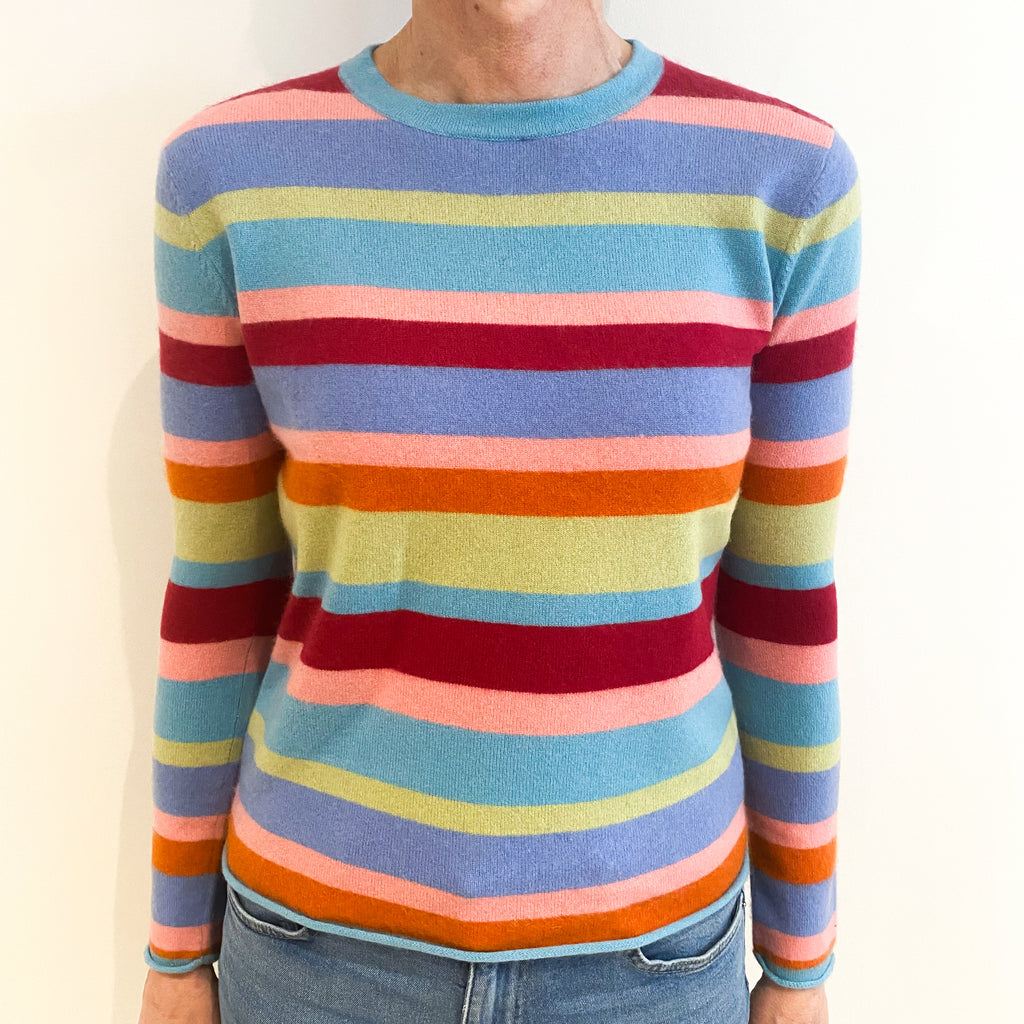 Opal Blue Rainbow Striped Cashmere Crew Neck Jumper Small
