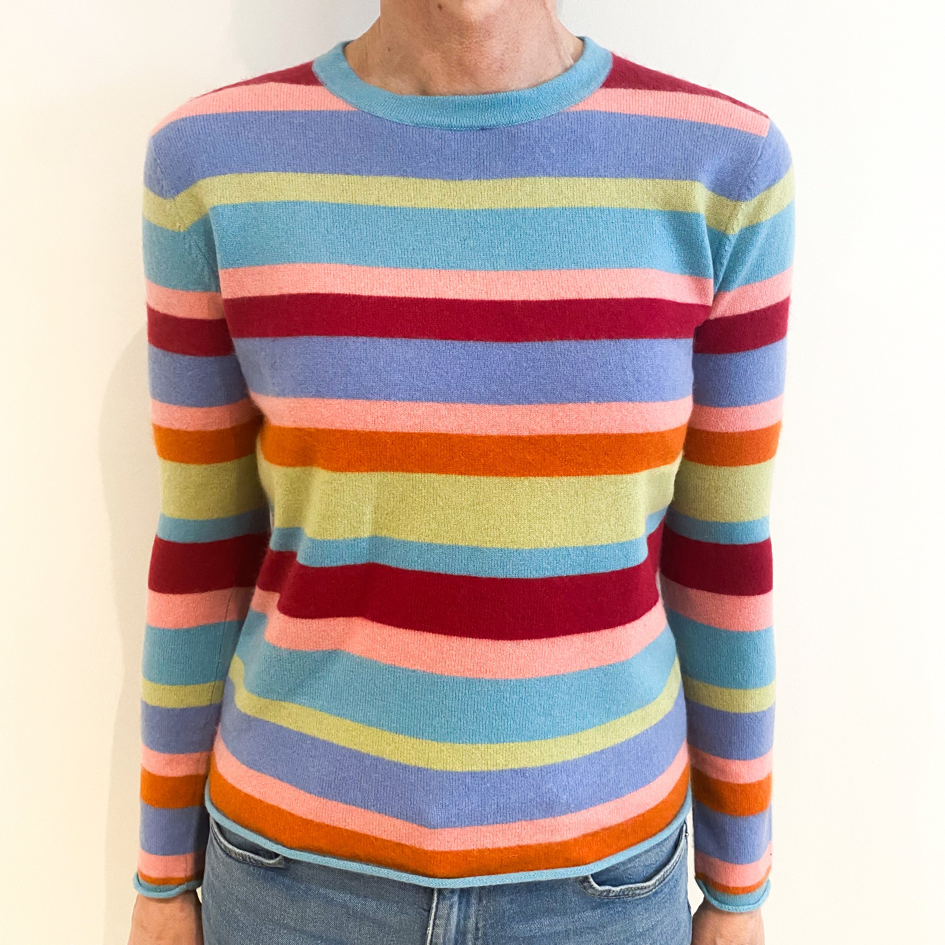 Opal Blue Rainbow Striped Cashmere Crew Neck Jumper Small