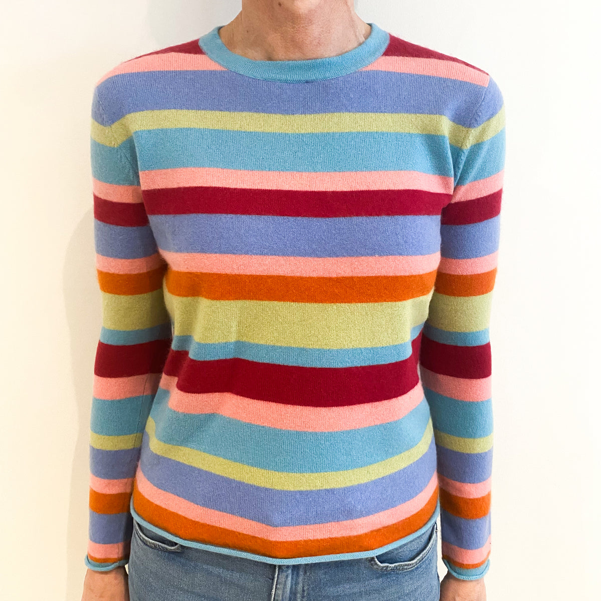 Opal Blue Rainbow Striped Cashmere Crew Neck Jumper Small