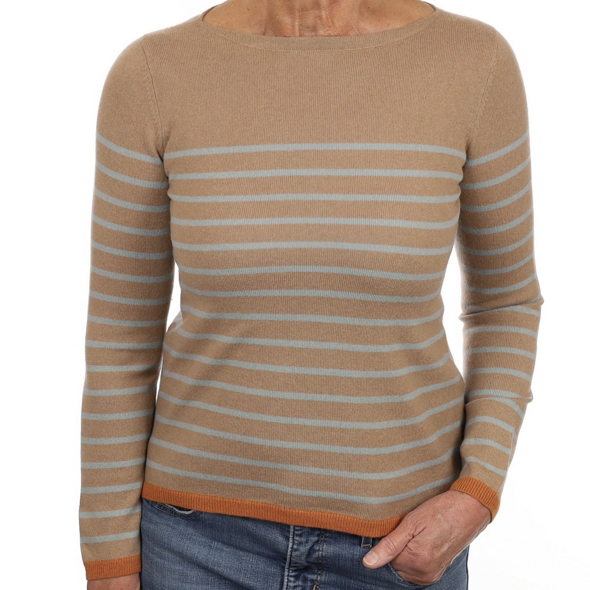 Camel and Blue Stripe Cashmere Boat Neck Jumper Medium