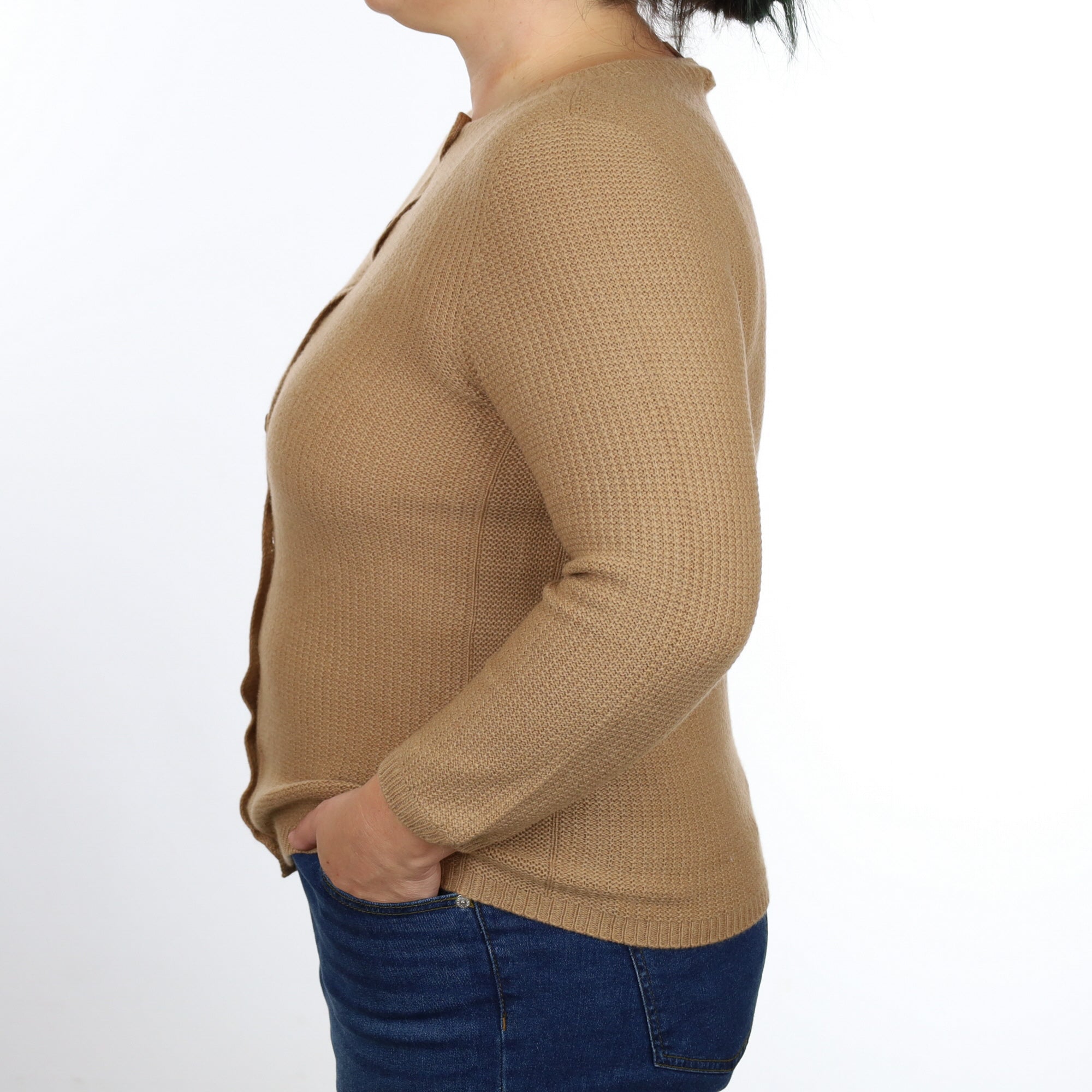 Toffee Brown Textured Cashmere Crew Neck Cardigan Large