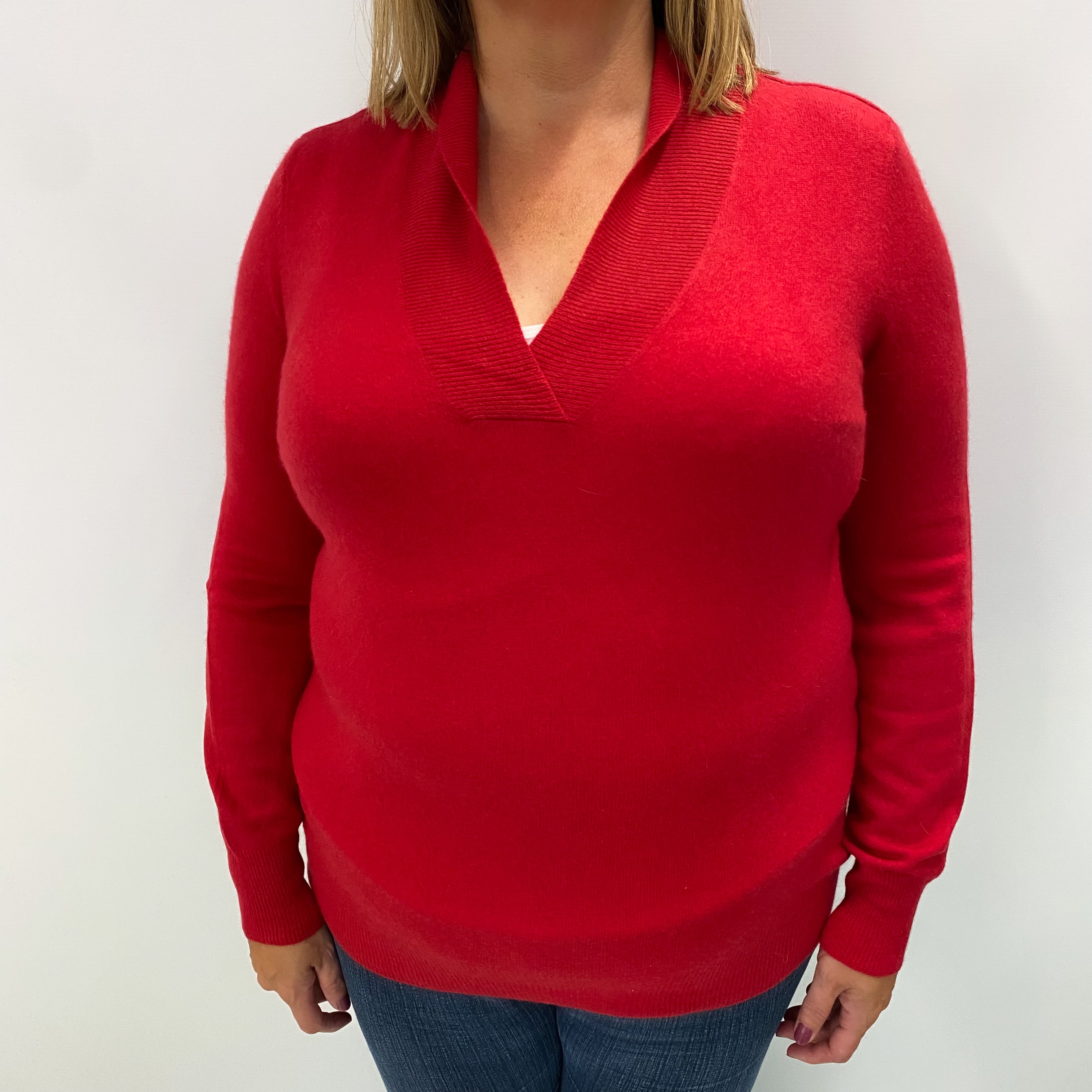 Scarlet Red Cashmere V Neck Shawl Jumper Extra Large