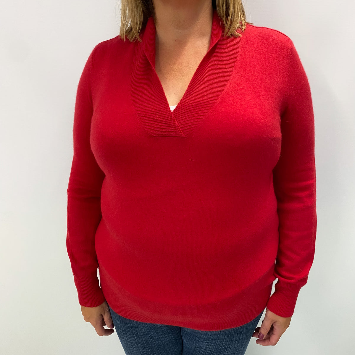 Scarlet Red Cashmere V Neck Shawl Jumper Extra Large