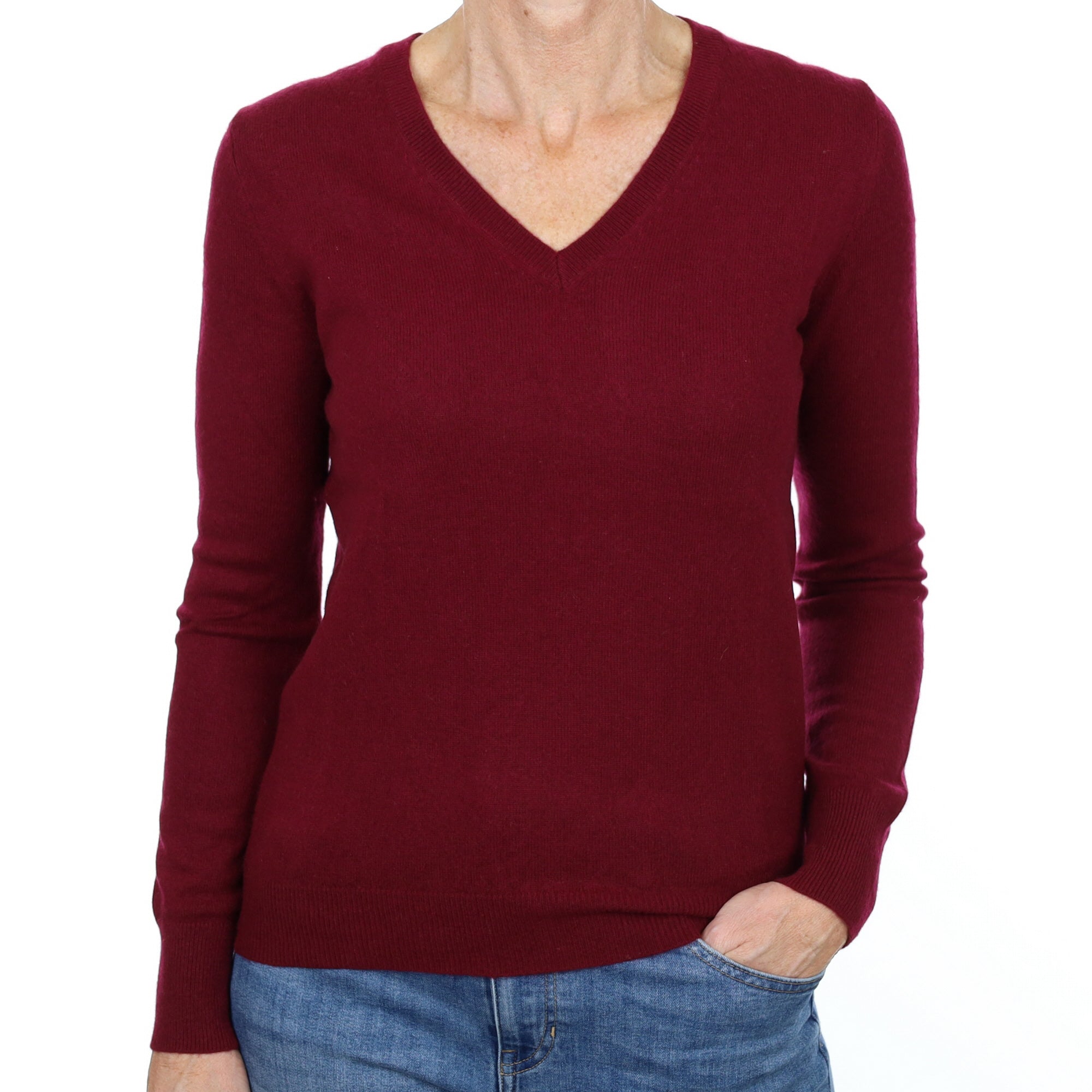 Wine Red Cashmere V Neck Jumper Small