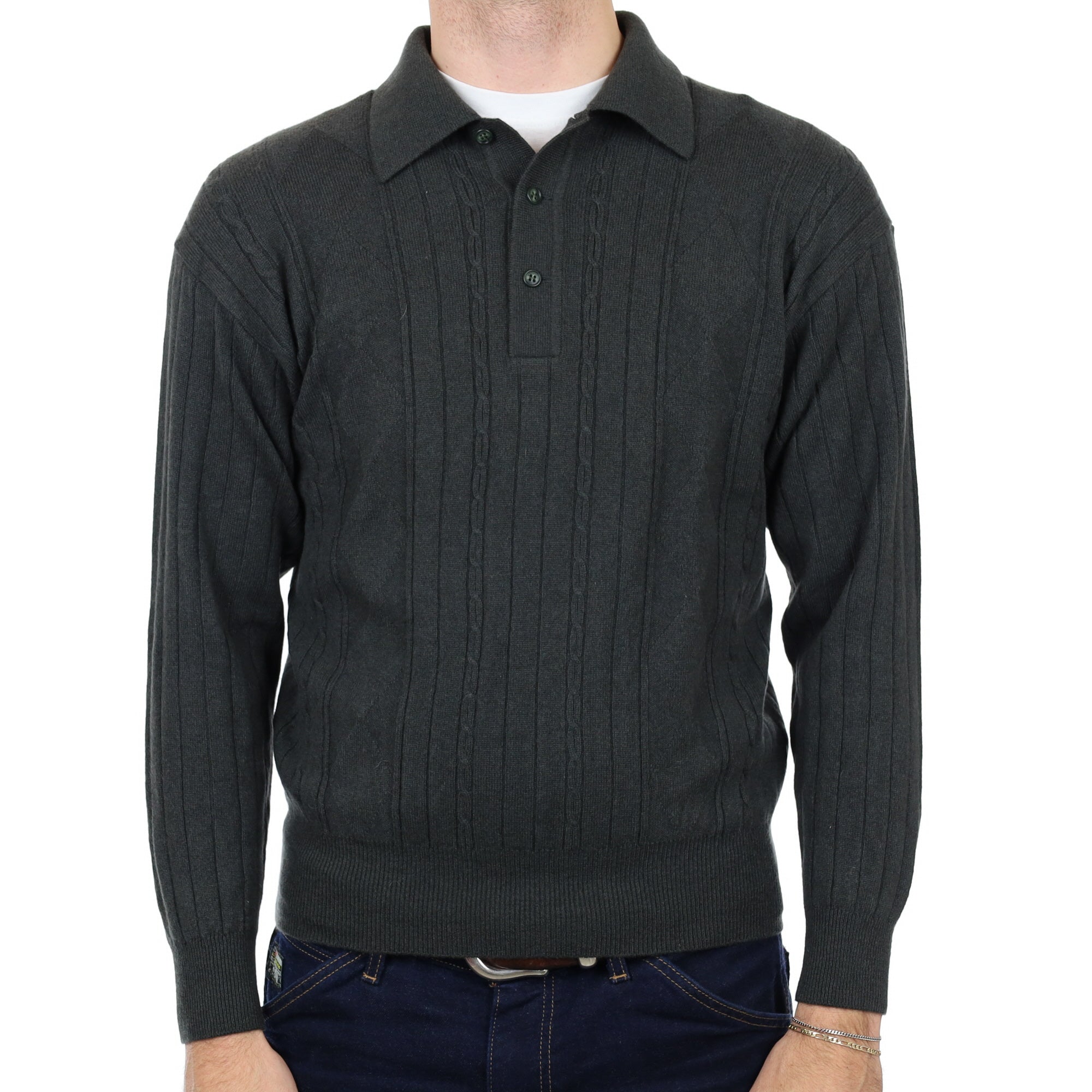 Men's Forest Green Cashmere Collared 1/4 Button Neck Jumper Medium