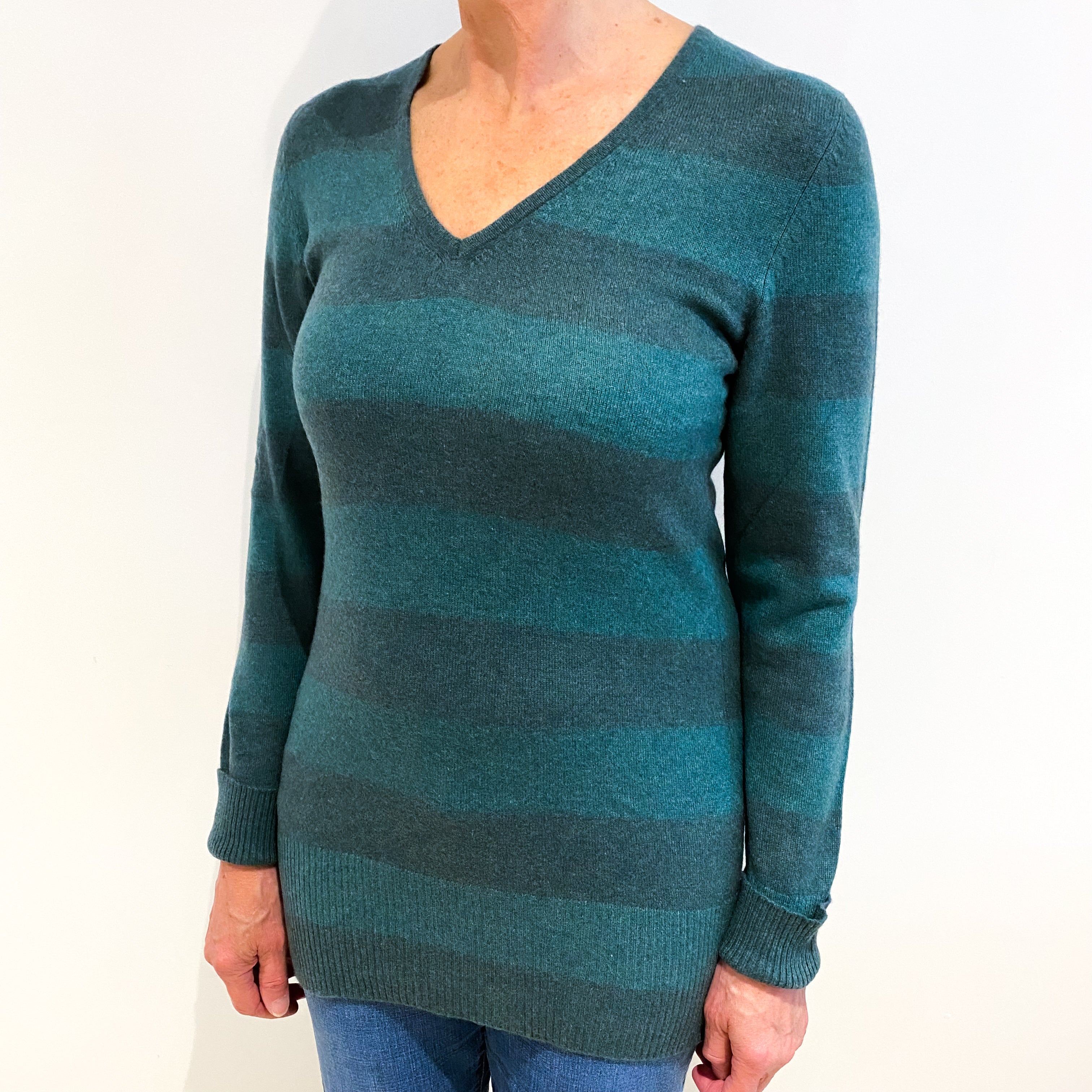 Ocean Green Striped Cashmere V Neck Jumper Medium