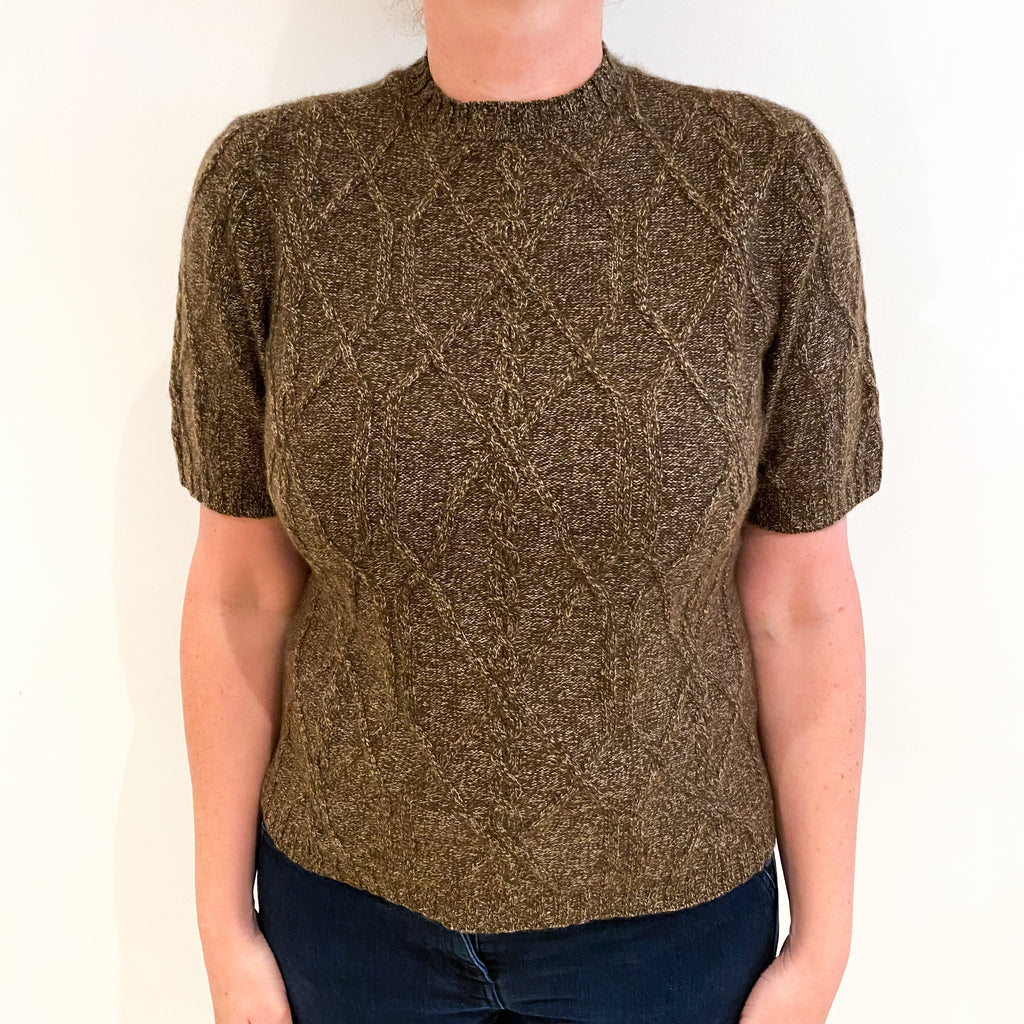 Brown Marl Cashmere Crew Neck Short Sleeved Jumper Large