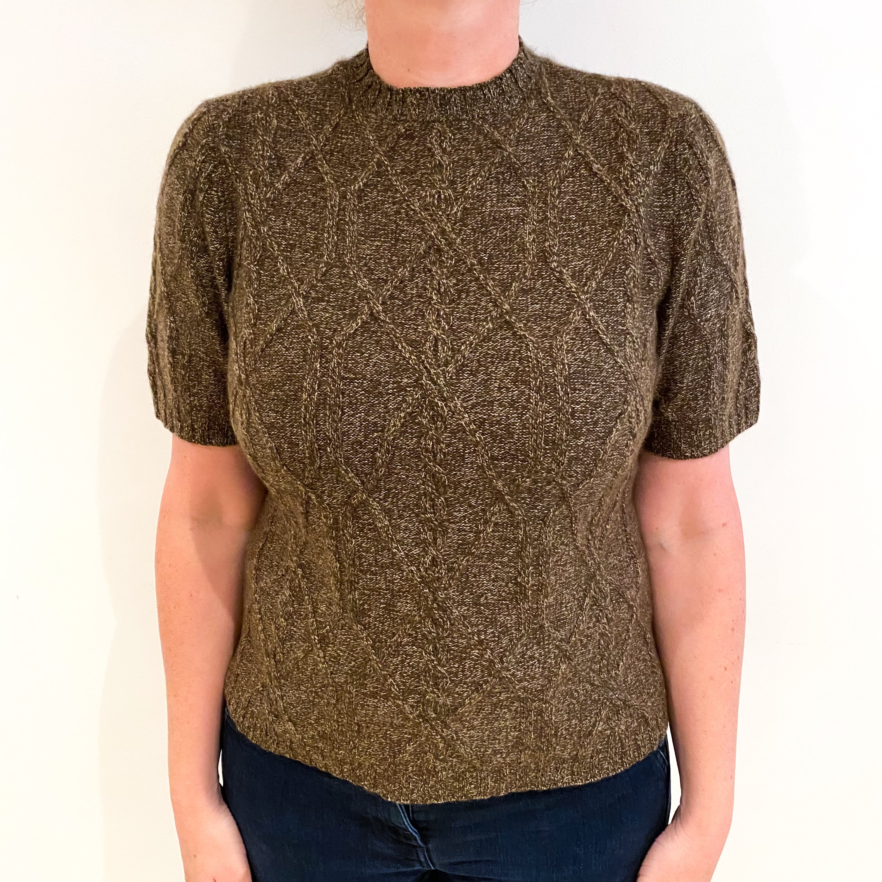 Brown Marl Cashmere Crew Neck Short Sleeved Jumper Large