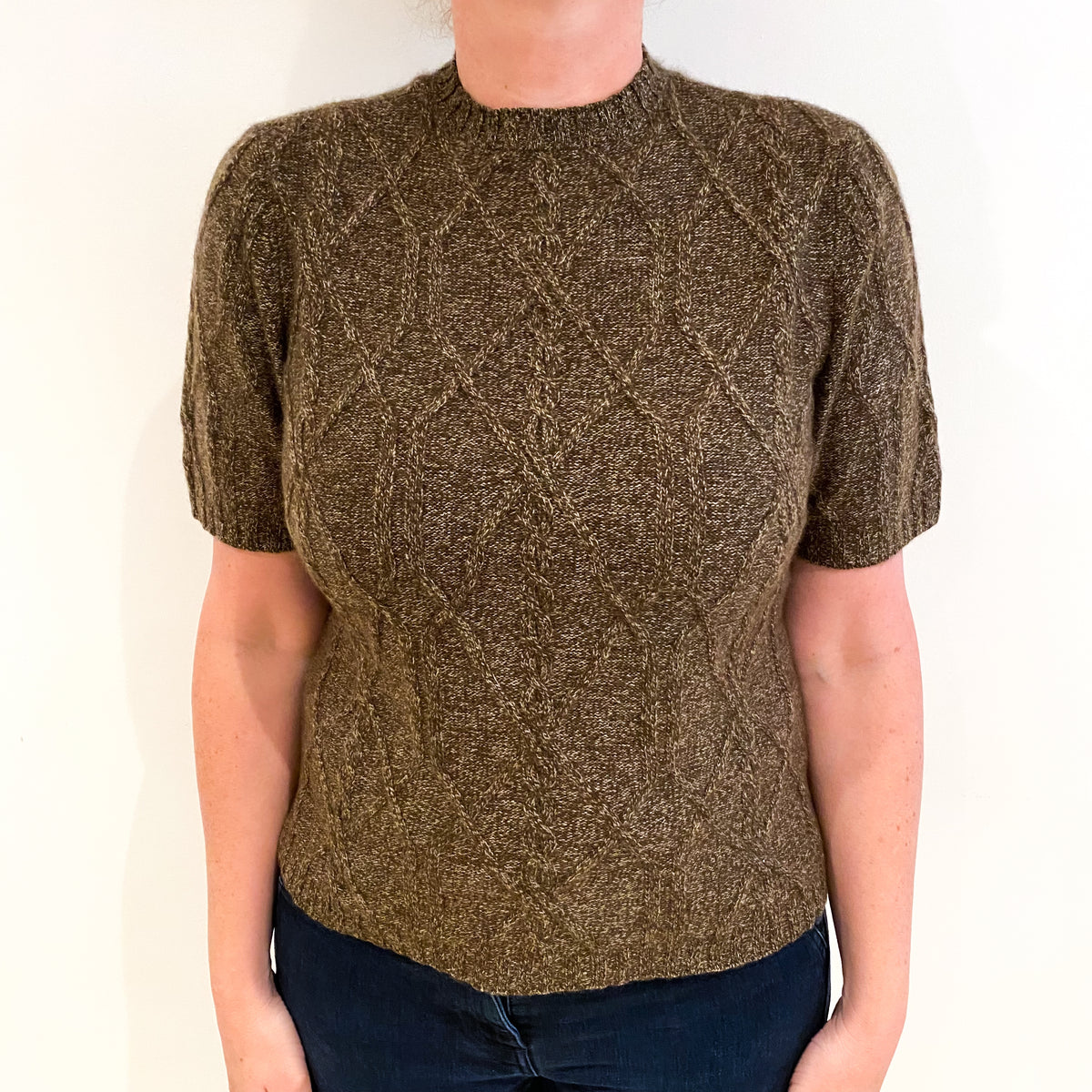 Brown Marl Cashmere Crew Neck Short Sleeved Jumper Large