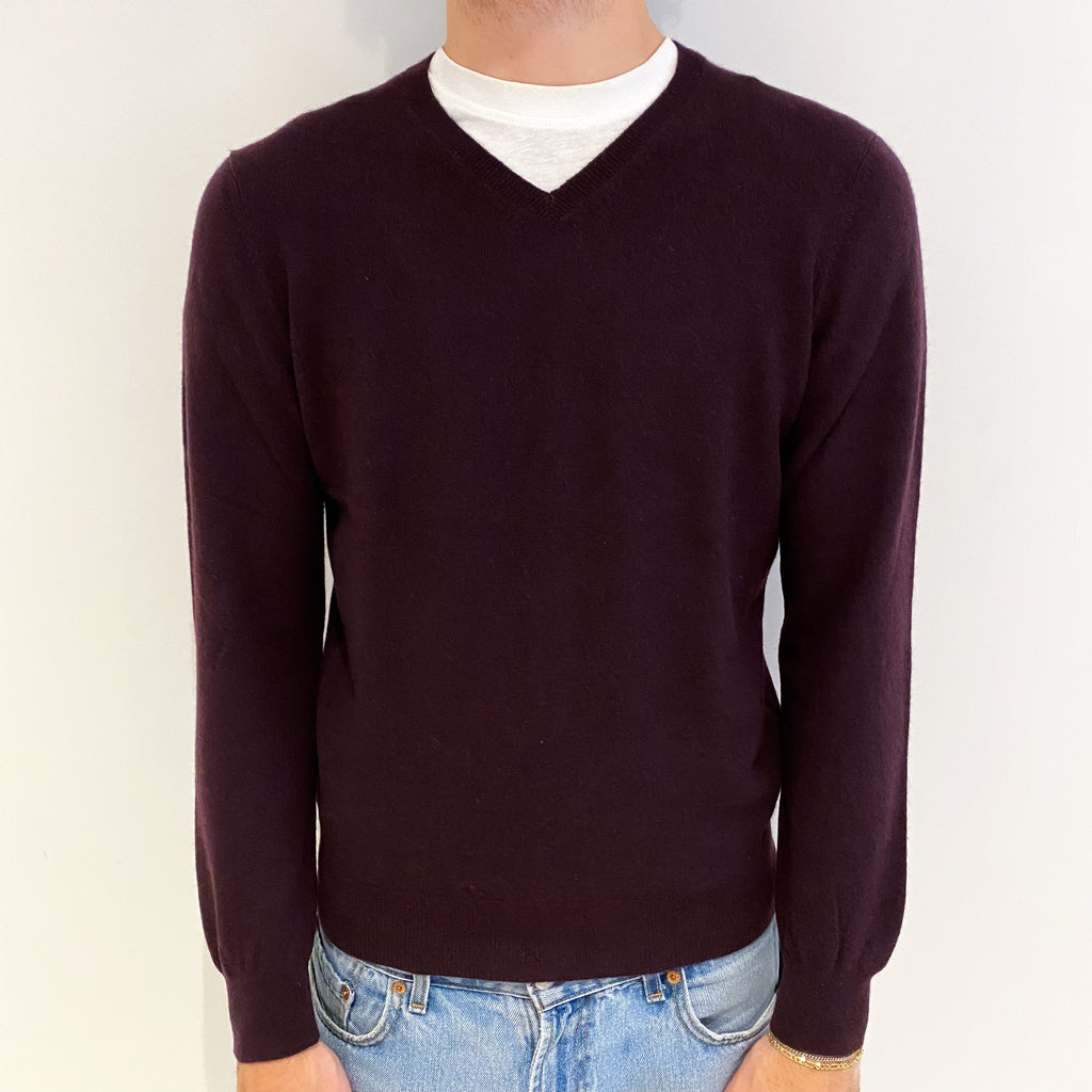Men's Aubergine Purple Cashmere V Neck Jumper Medium