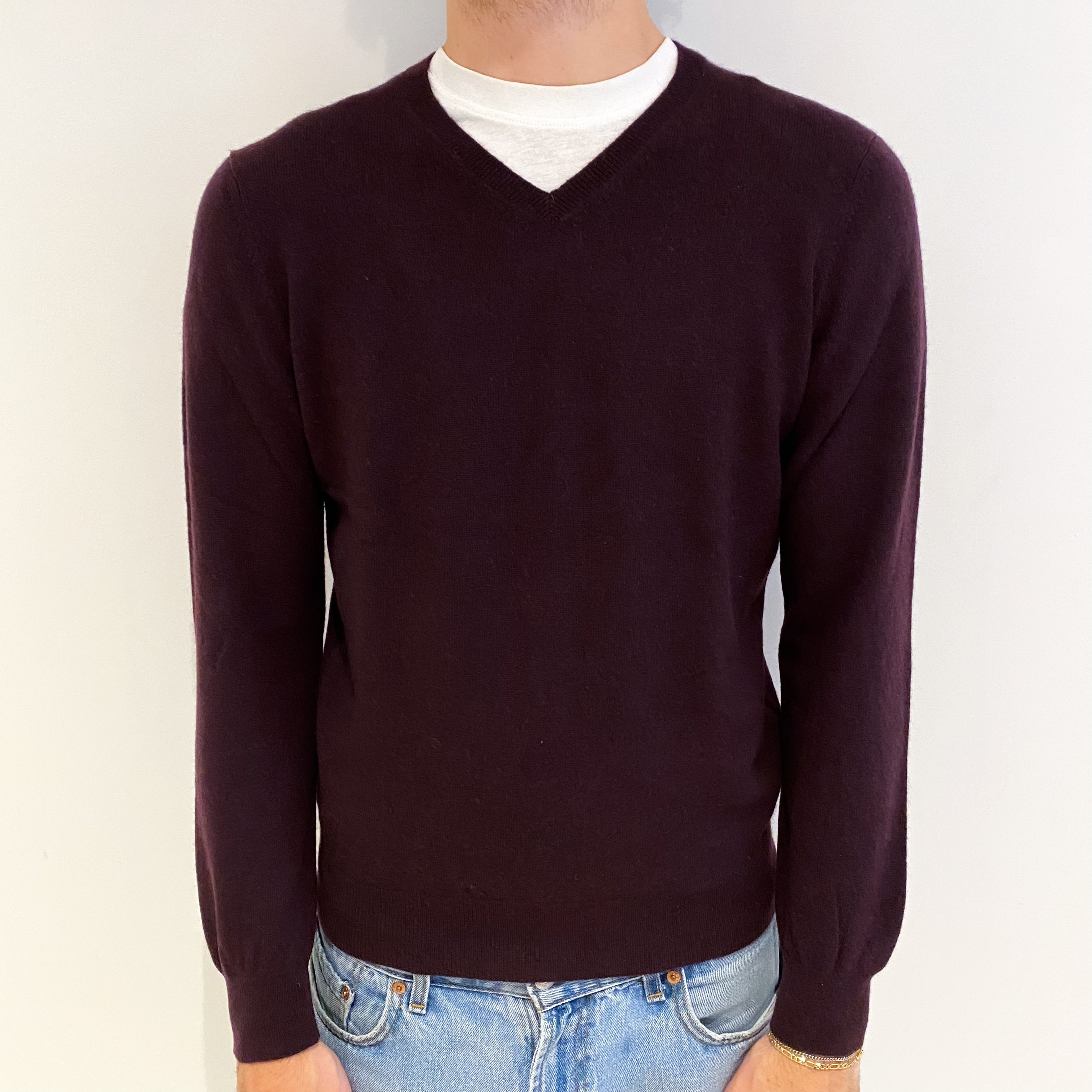 Men's Aubergine Purple Cashmere V Neck Jumper Medium
