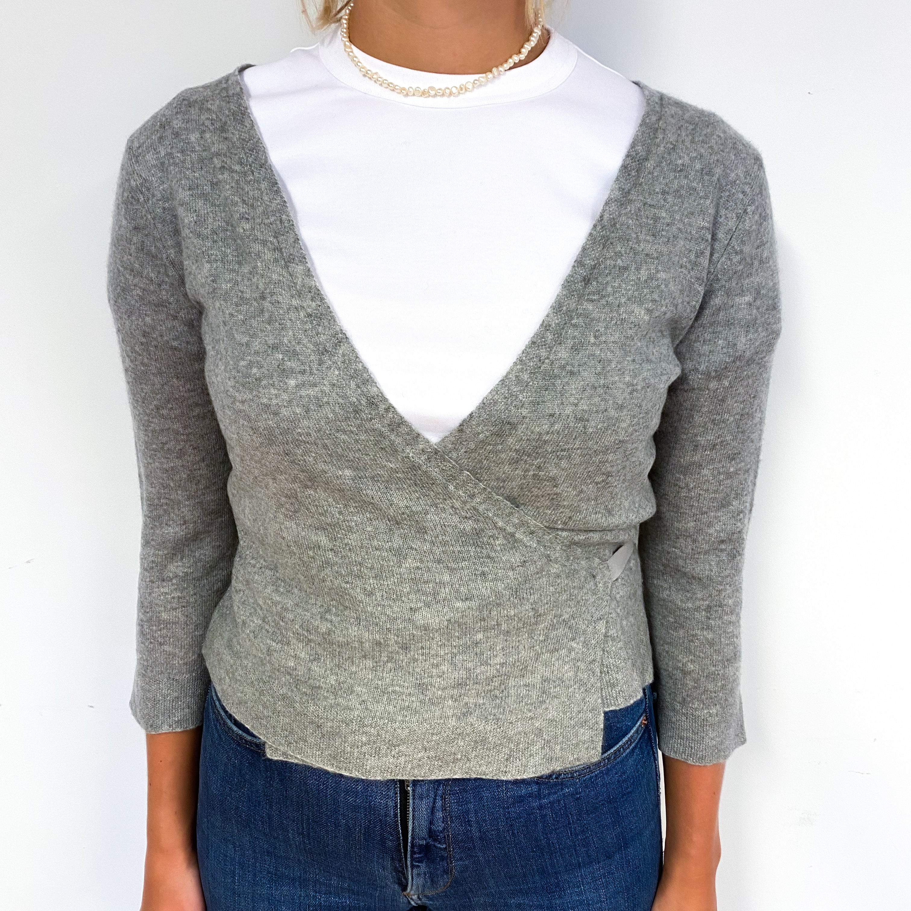 Ash Grey 3/4 Sleeve Cashmere Cross Over Cardigan Small