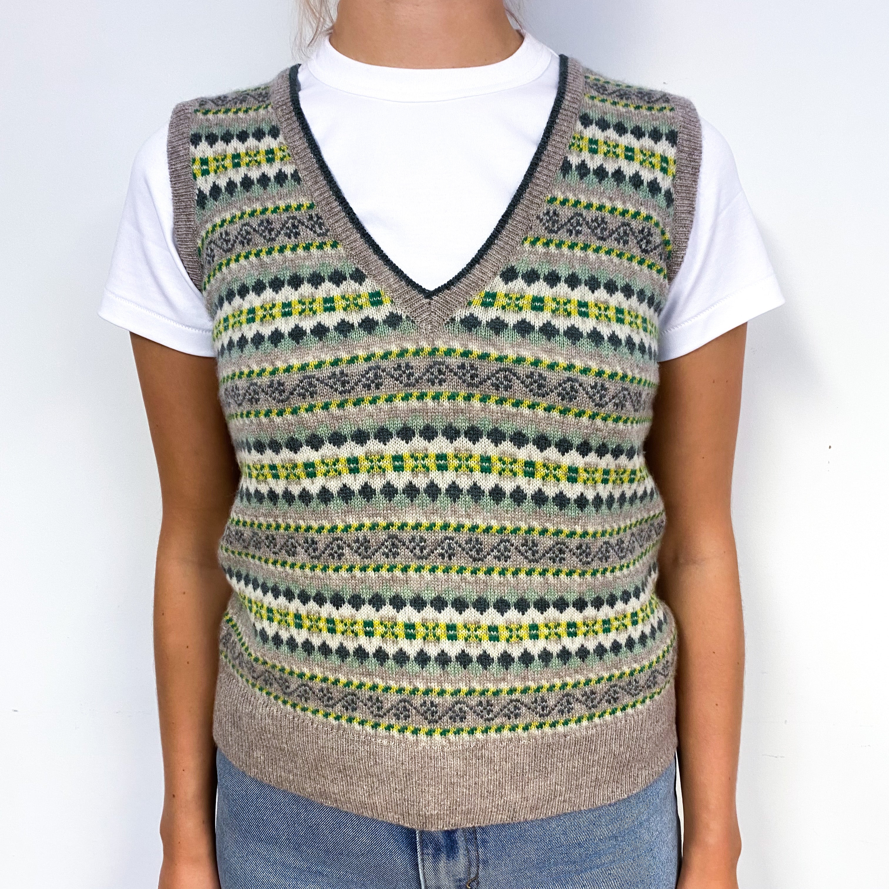 Brora Fawn Green Fair Isle Cashmere V-Neck Tank Top Small