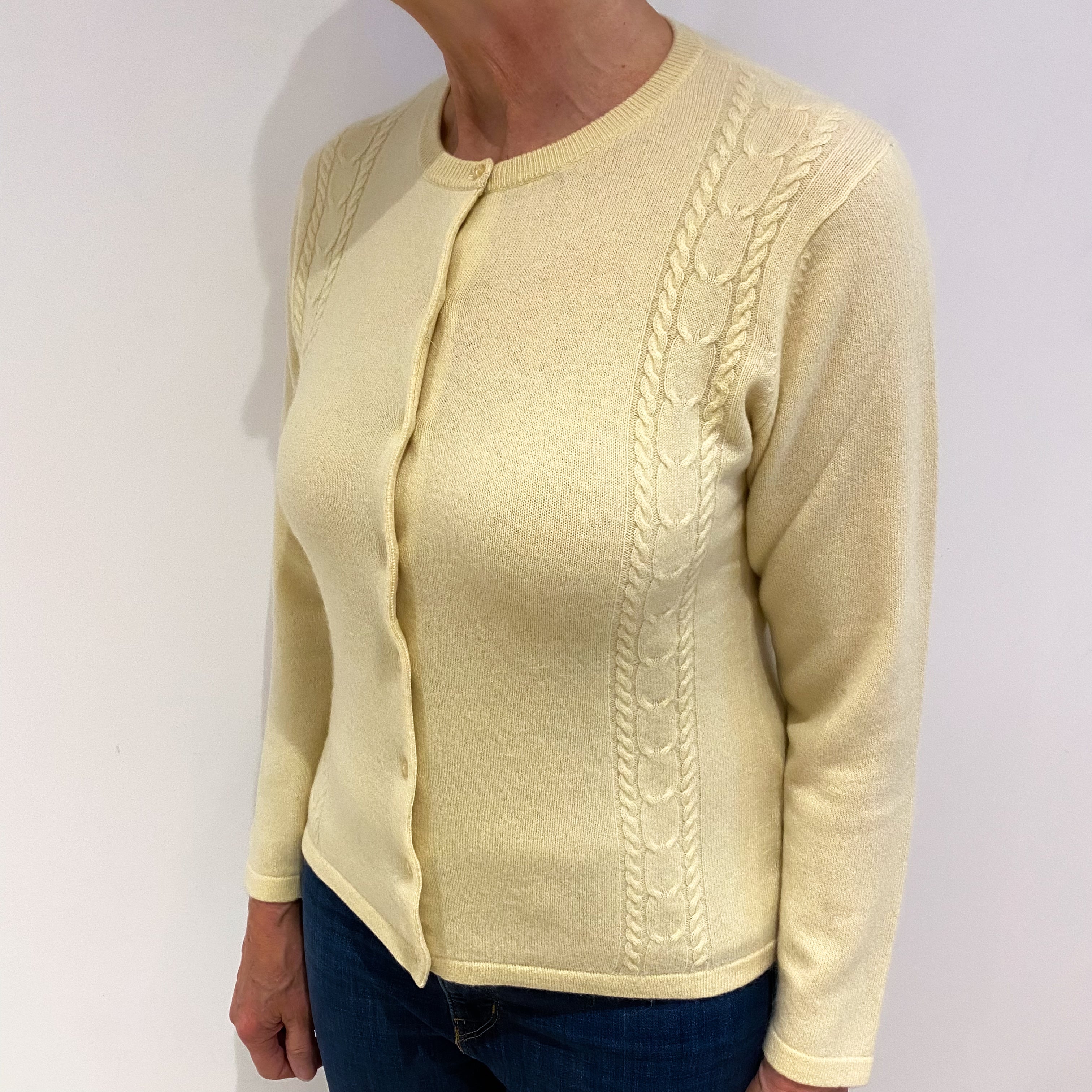 Primrose Yellow Cashmere Crew Neck Cardigan Medium