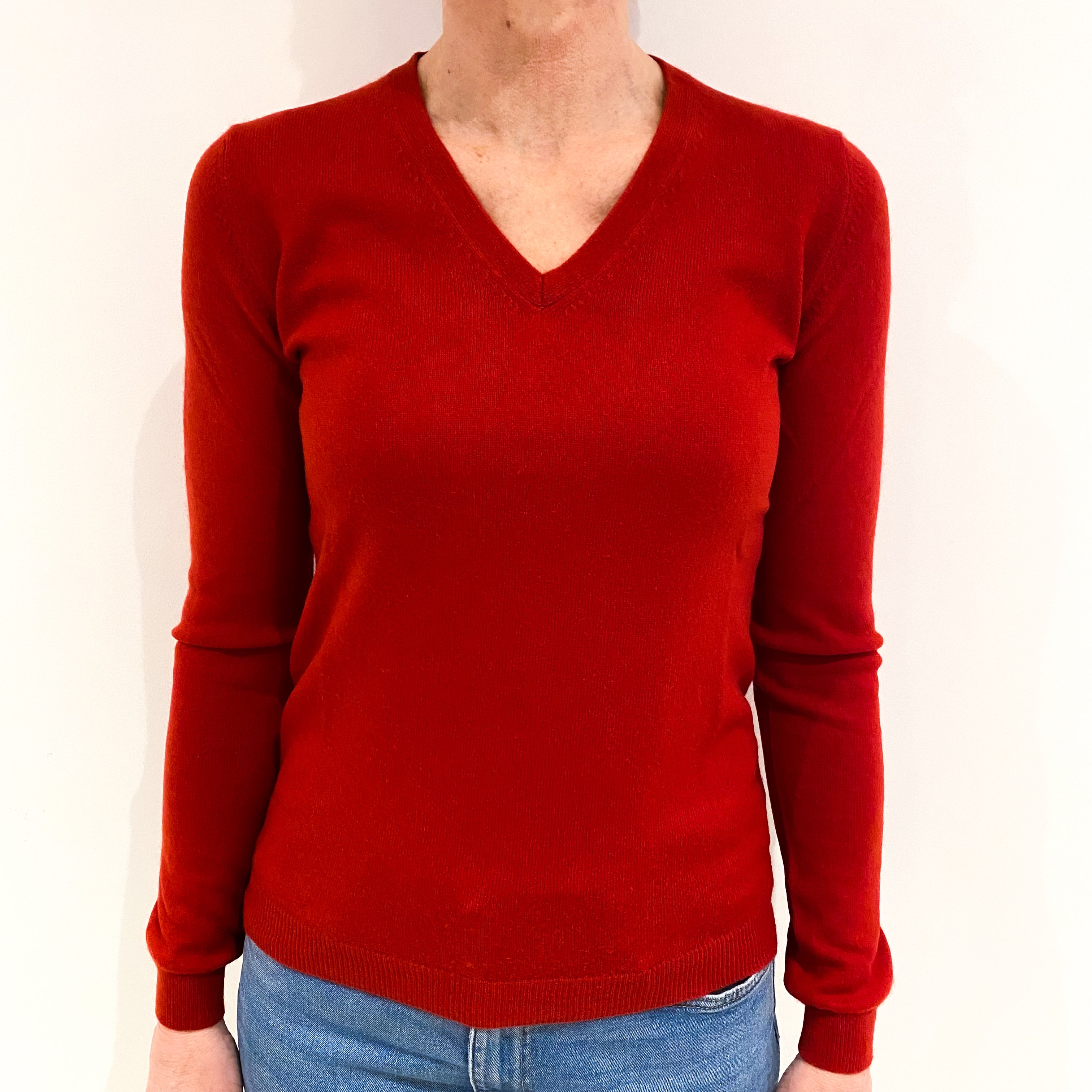 Scarlet Red Cashmere V Neck Jumper Small