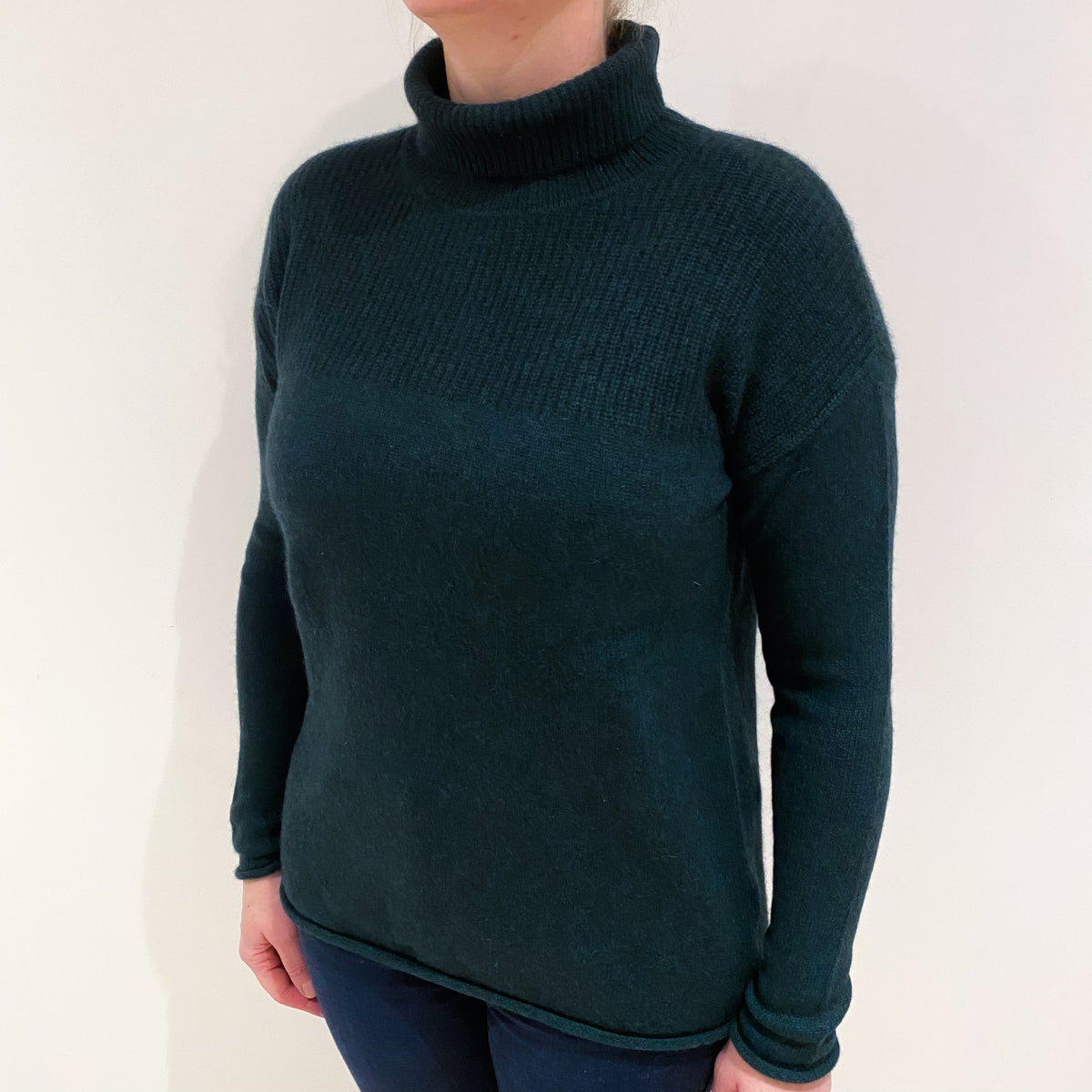 Bottle Green Chunky Cashmere Polo Neck Jumper Large