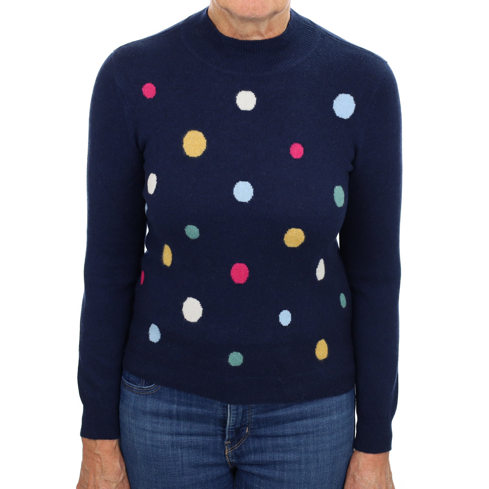 Navy Spotted Cashmere Turtle Neck Jumper Medium