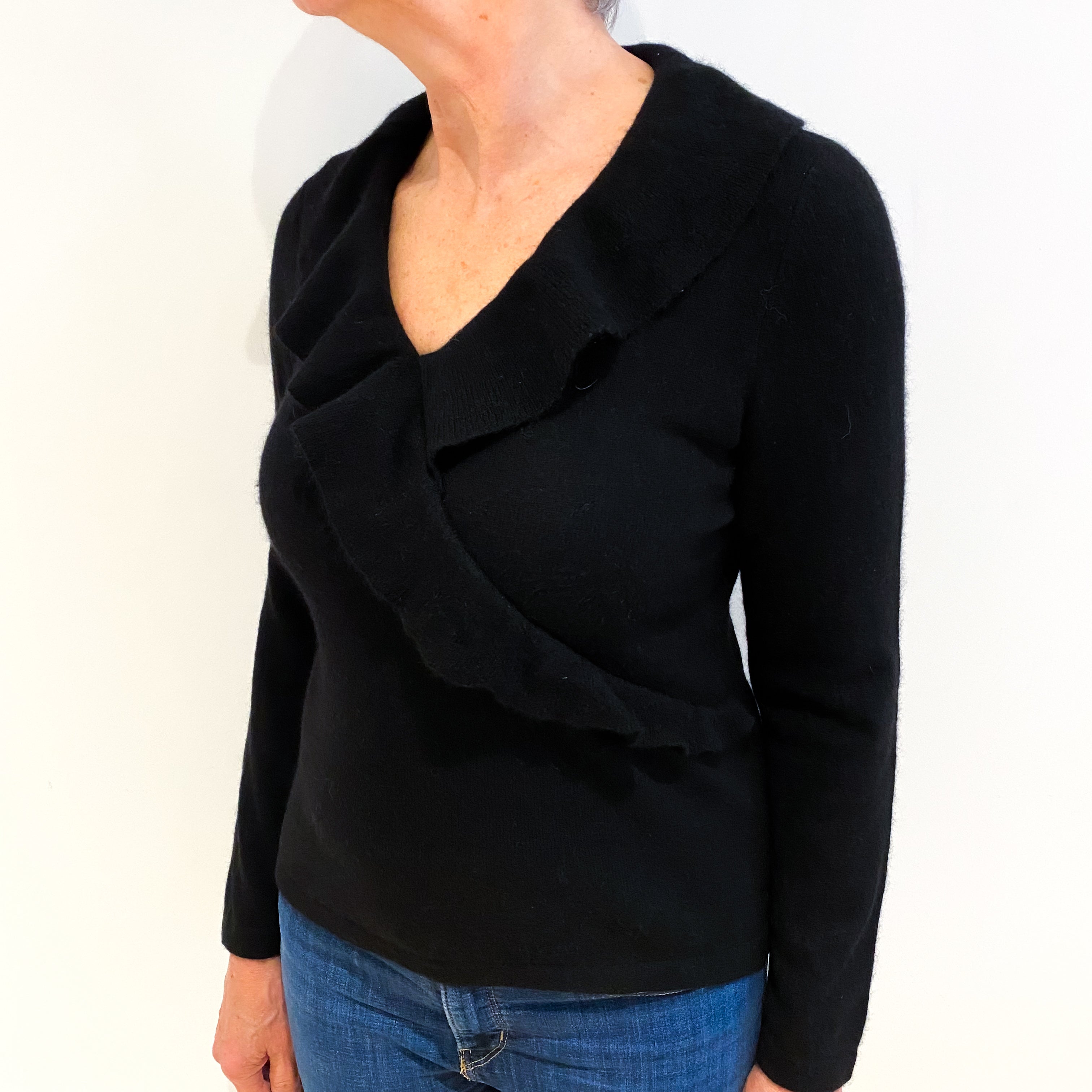 Black Cashmere V Neck Ruffle Front Jumper Medium