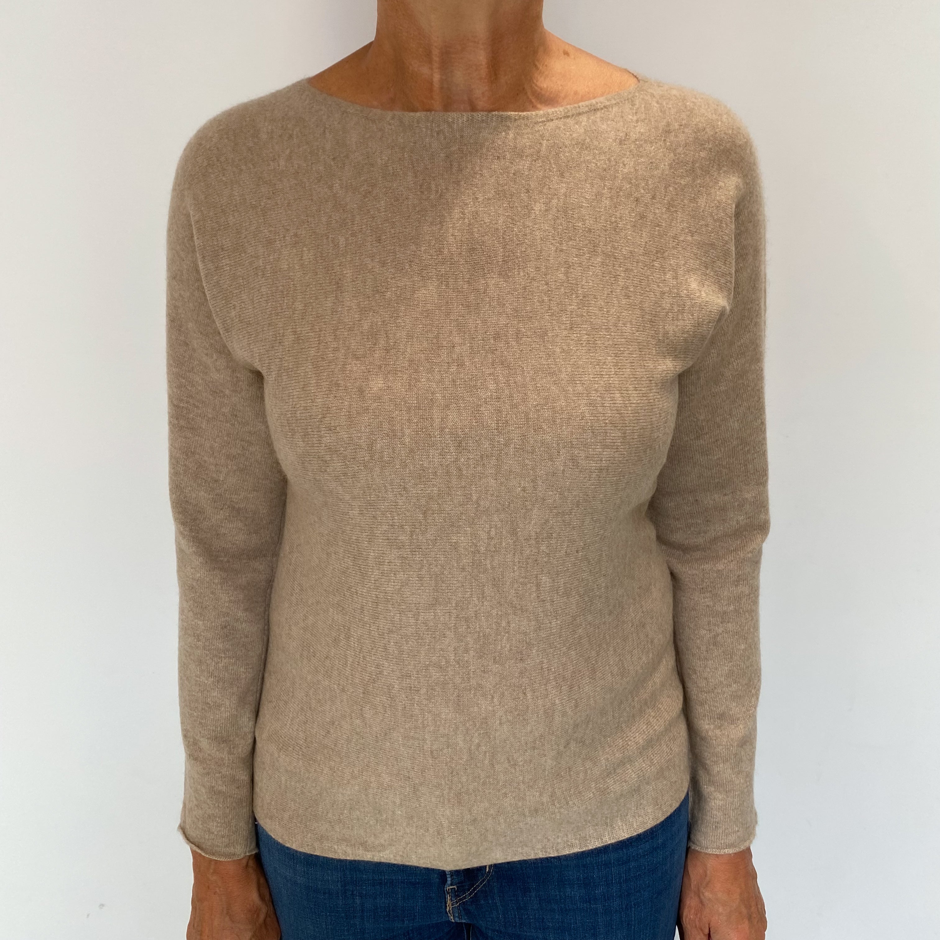 Fawn Beige Cashmere Slash Neck Jumper Medium