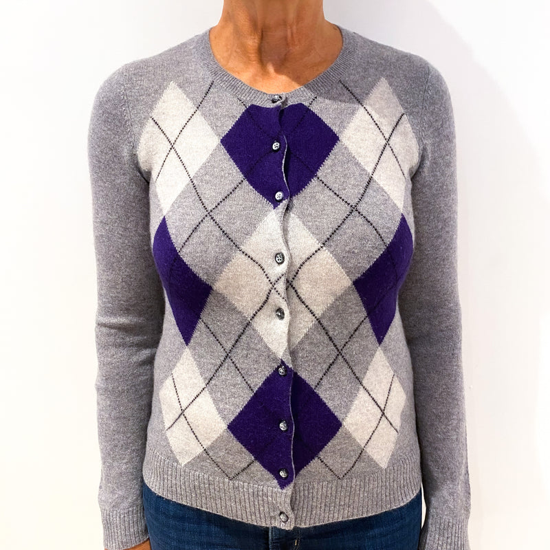 Purple Grey Argyle Knit Cashmere Crew Neck Cardigan Medium