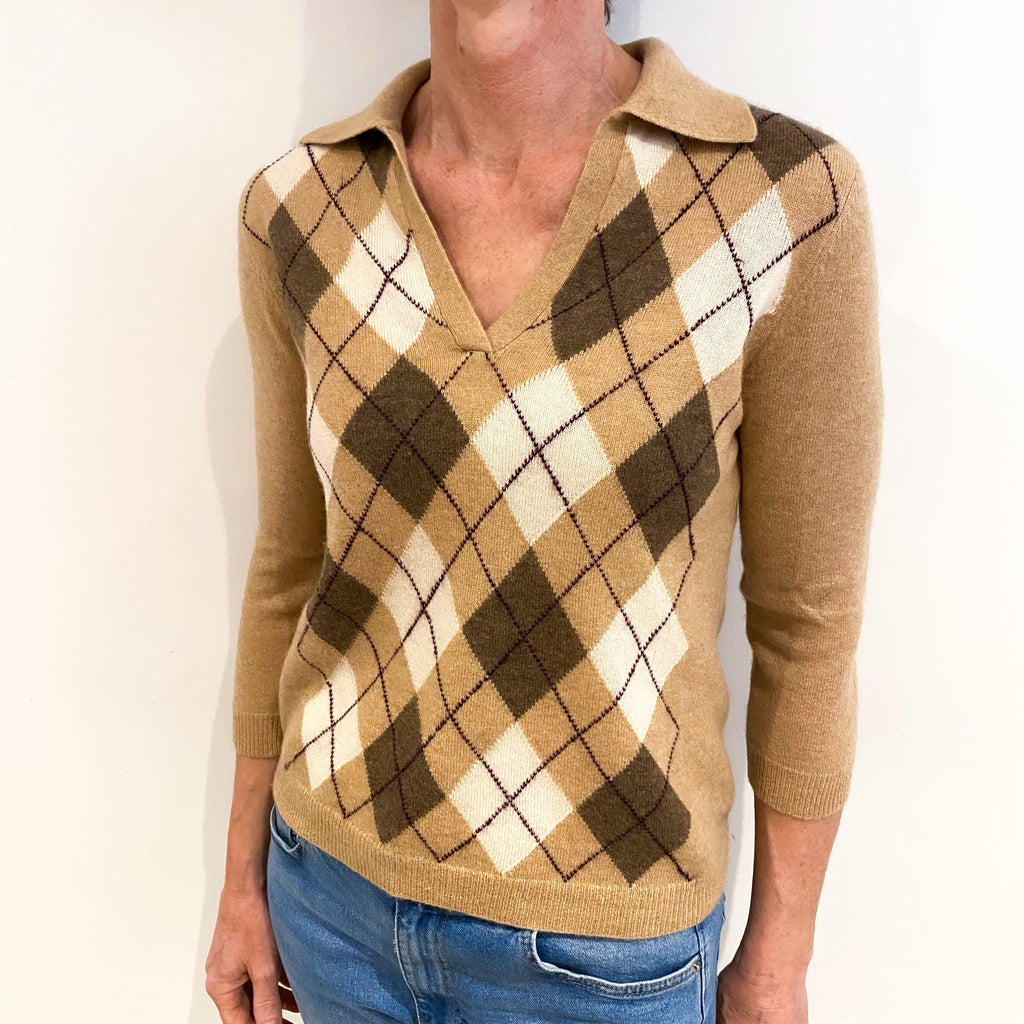 Caramel Brown Argyle Cashmere Collared V Neck Jumper Small