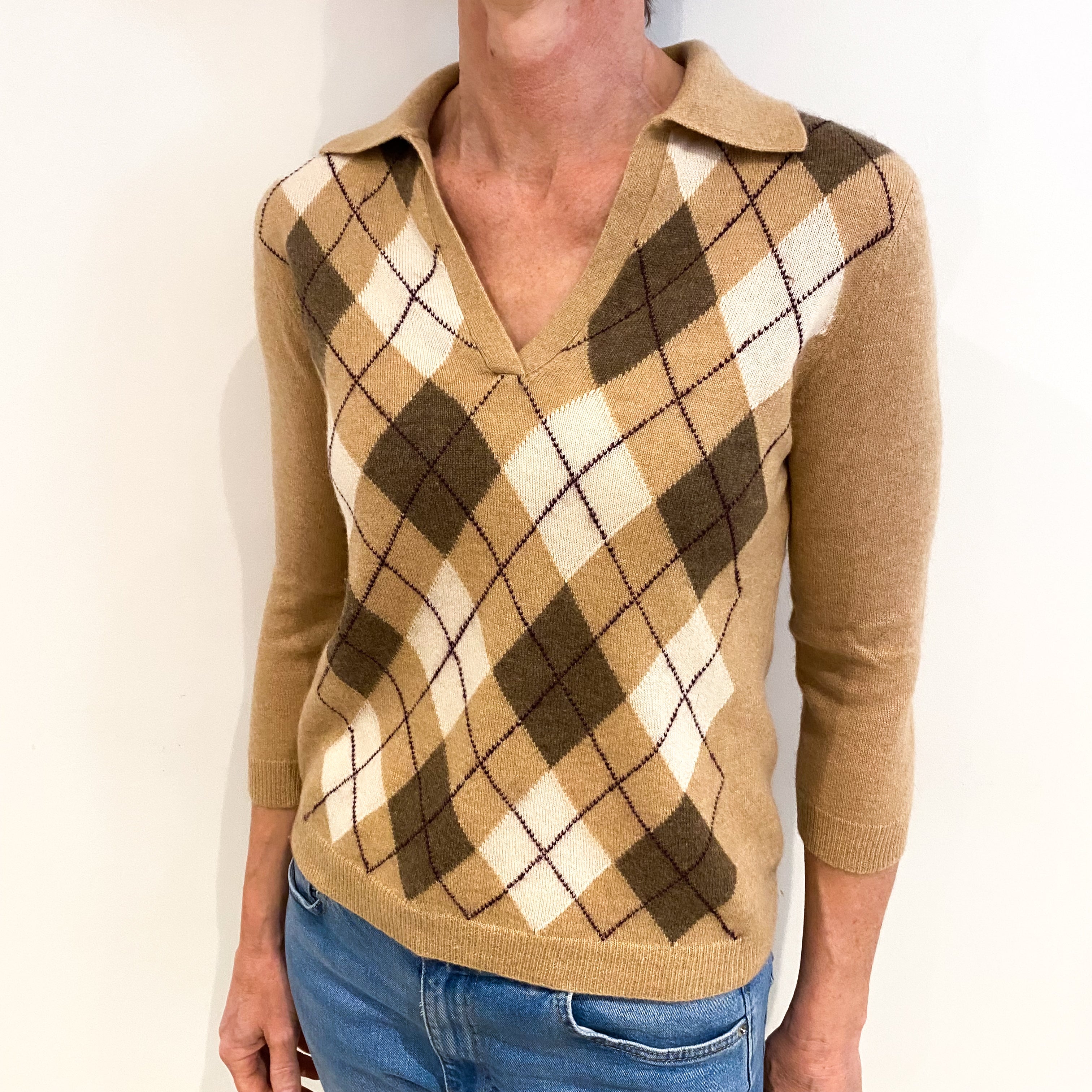 Caramel Brown Argyle Cashmere Collared V Neck Jumper Small