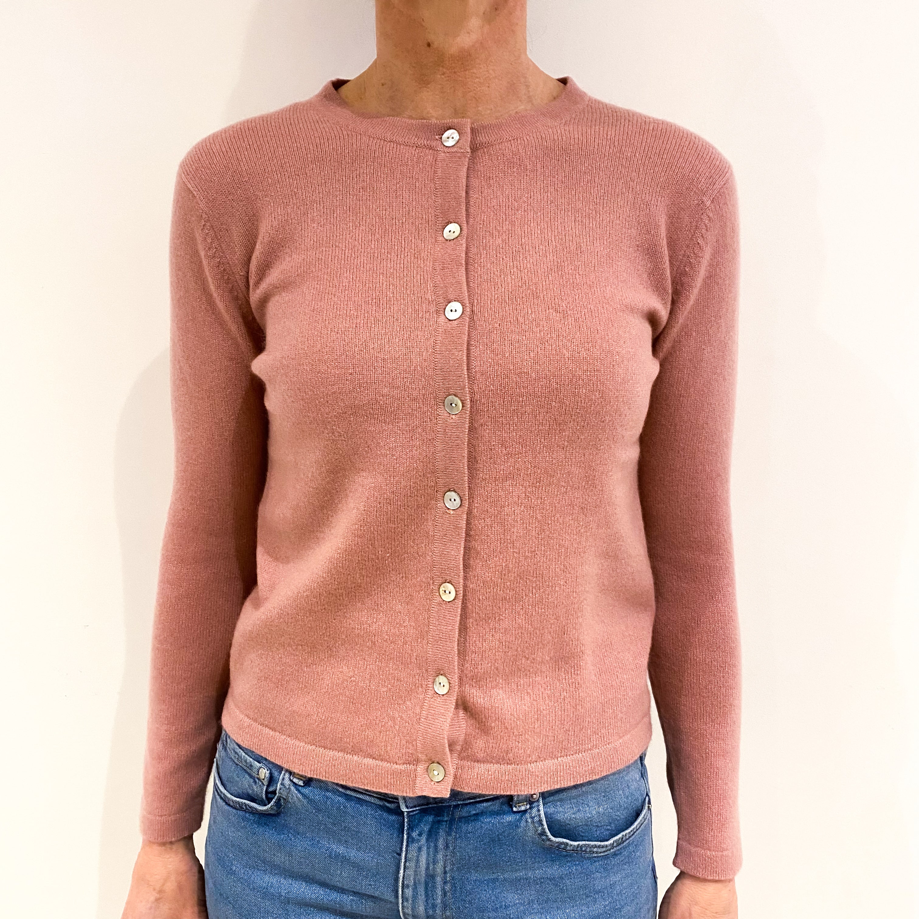 Faded Heather Pink Cashmere Crew Neck Cardigan Small