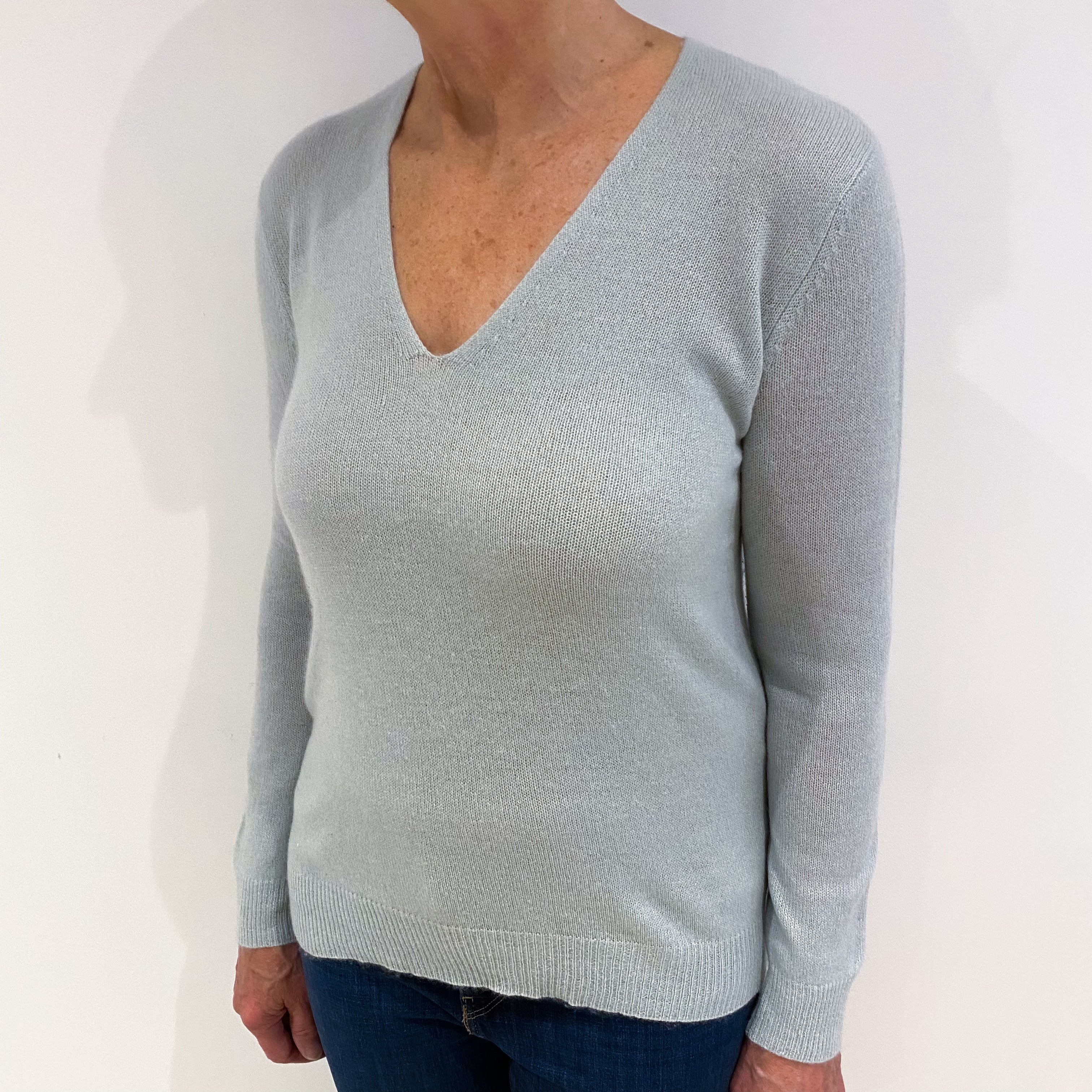 Light Mint Green Cashmere V Neck Lightweight Jumper Medium