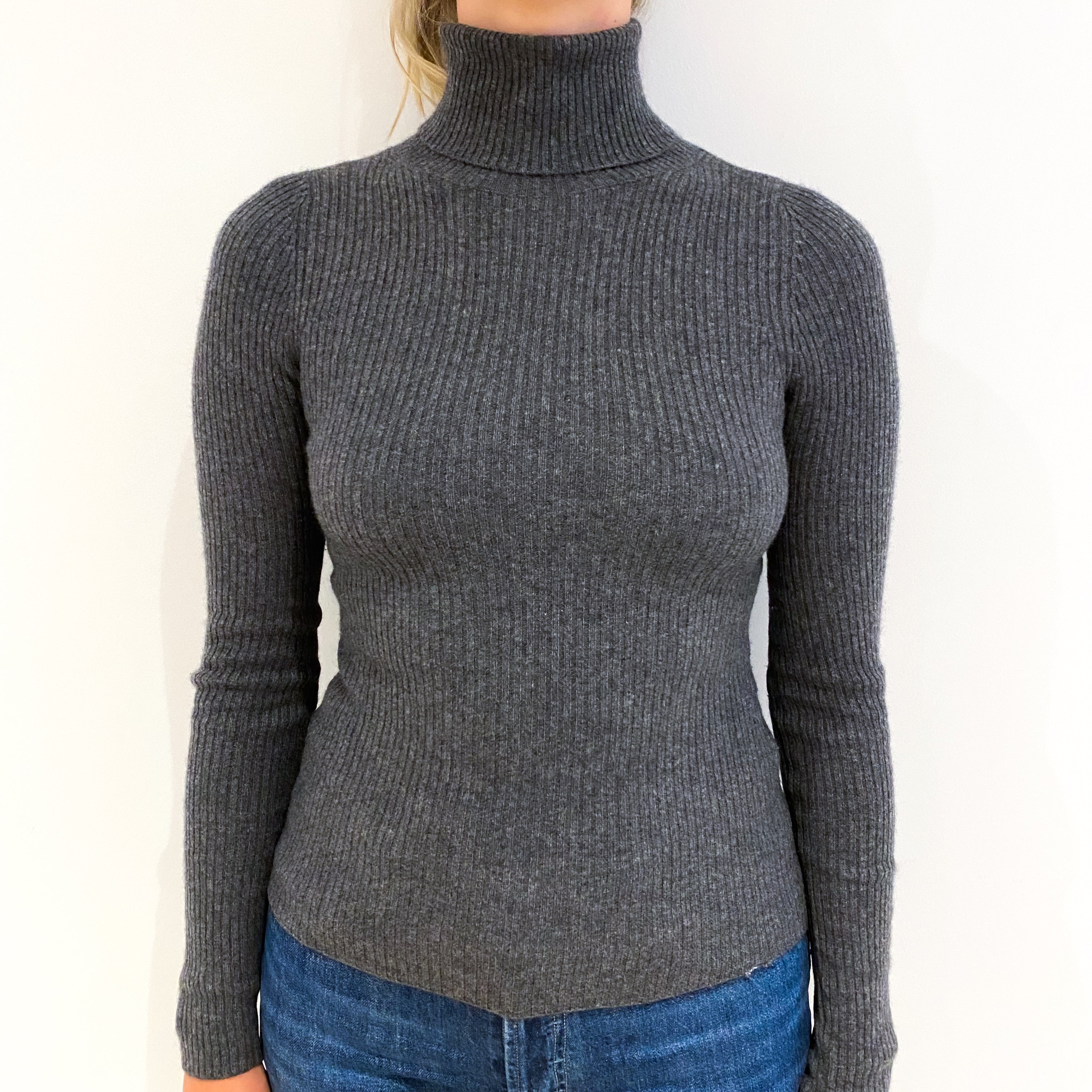 Slate Grey Skinny Rib Cashmere Polo Neck Jumper Small