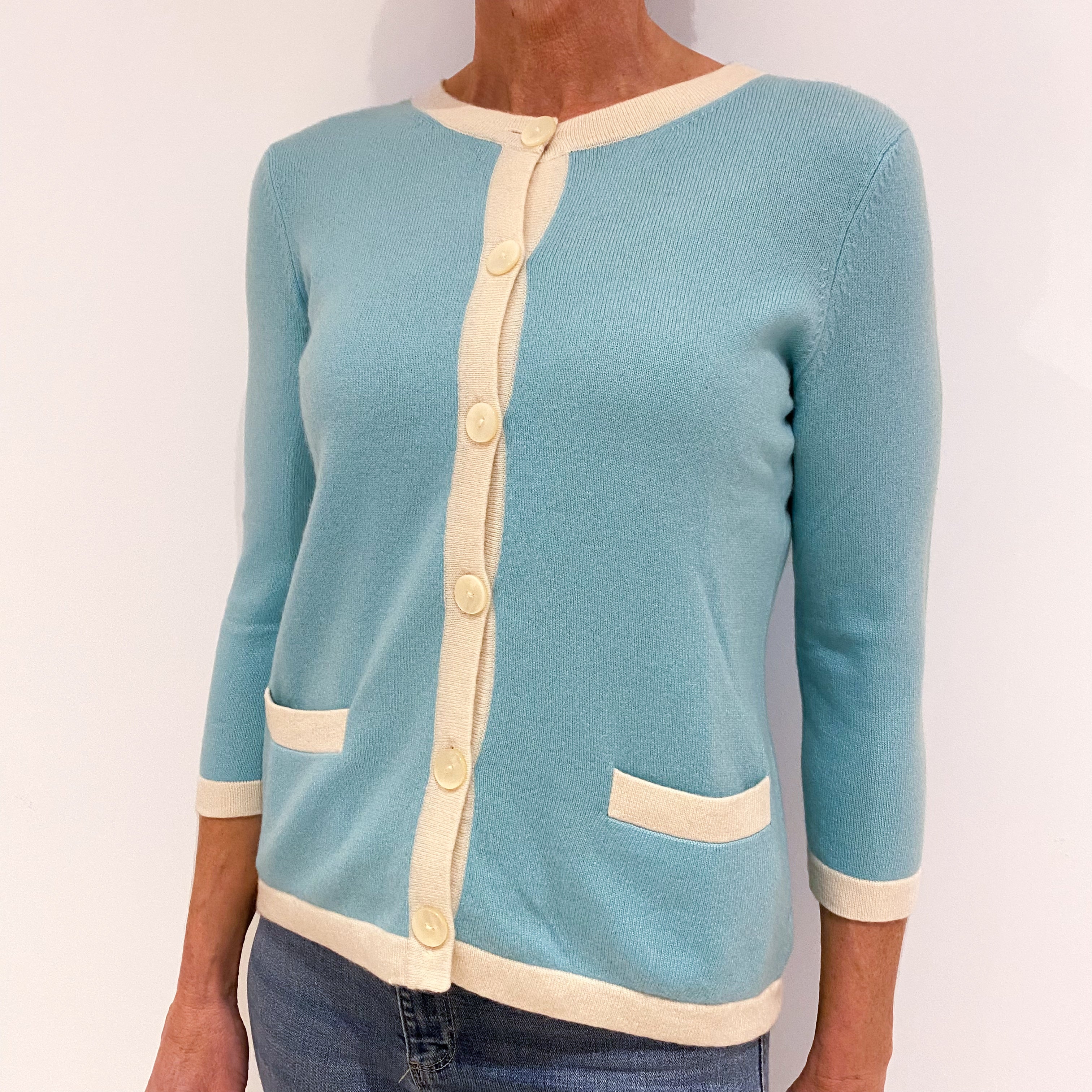 Aqua Blue Cashmere Crew Neck Cardigan Small