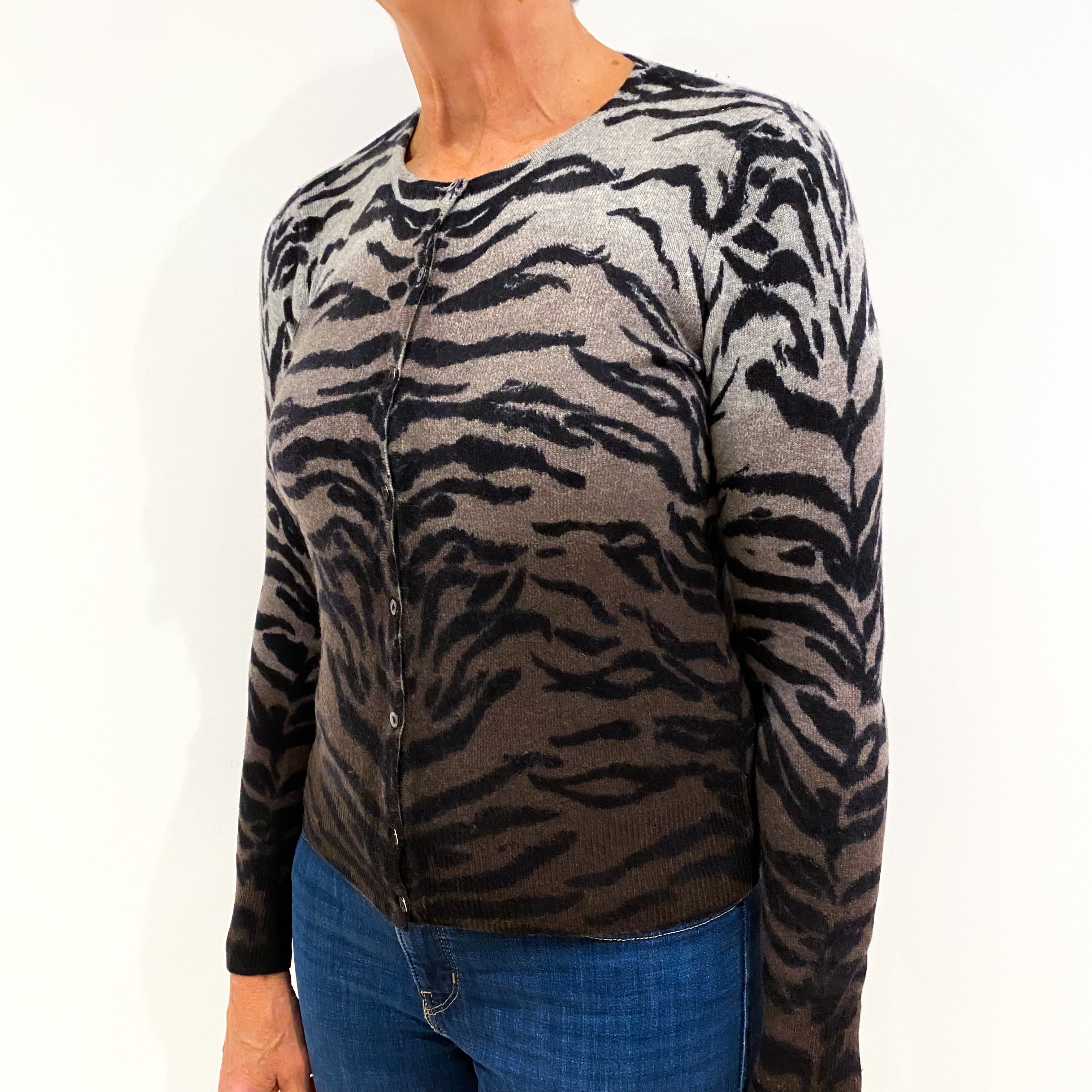 Grey and Beige Tiger Print Cashmere Crew Neck Cardigan Medium