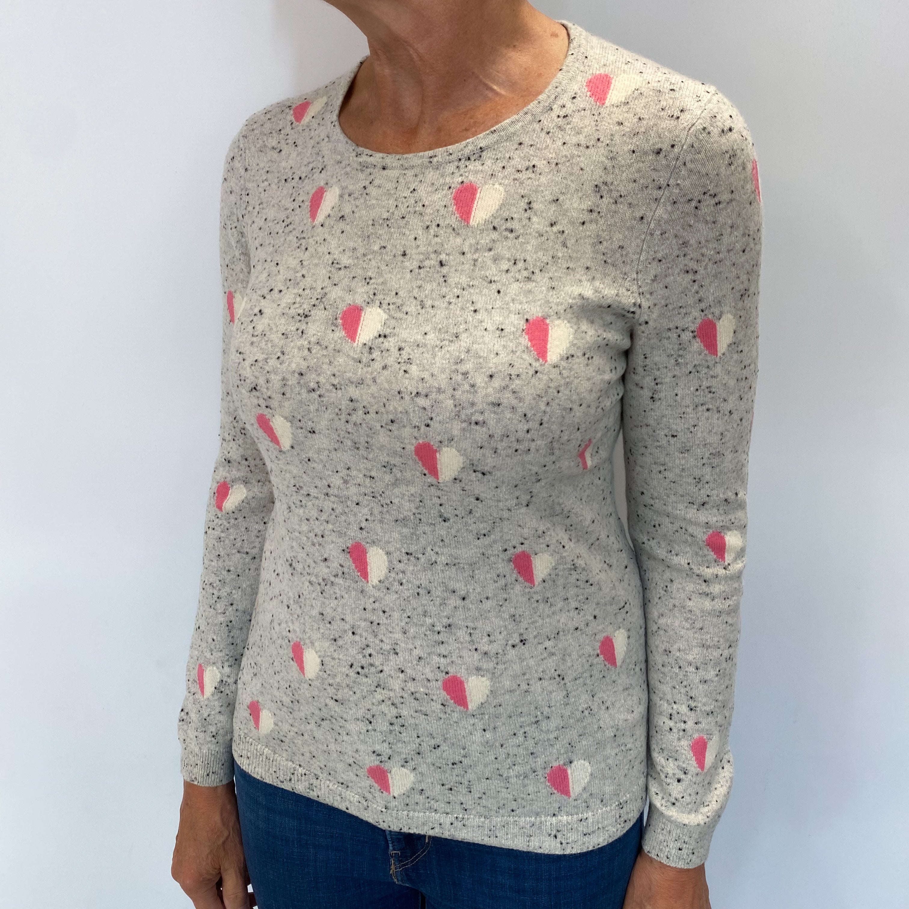 Grey Flecked Pink Heart Cashmere Crew Neck Jumper Medium