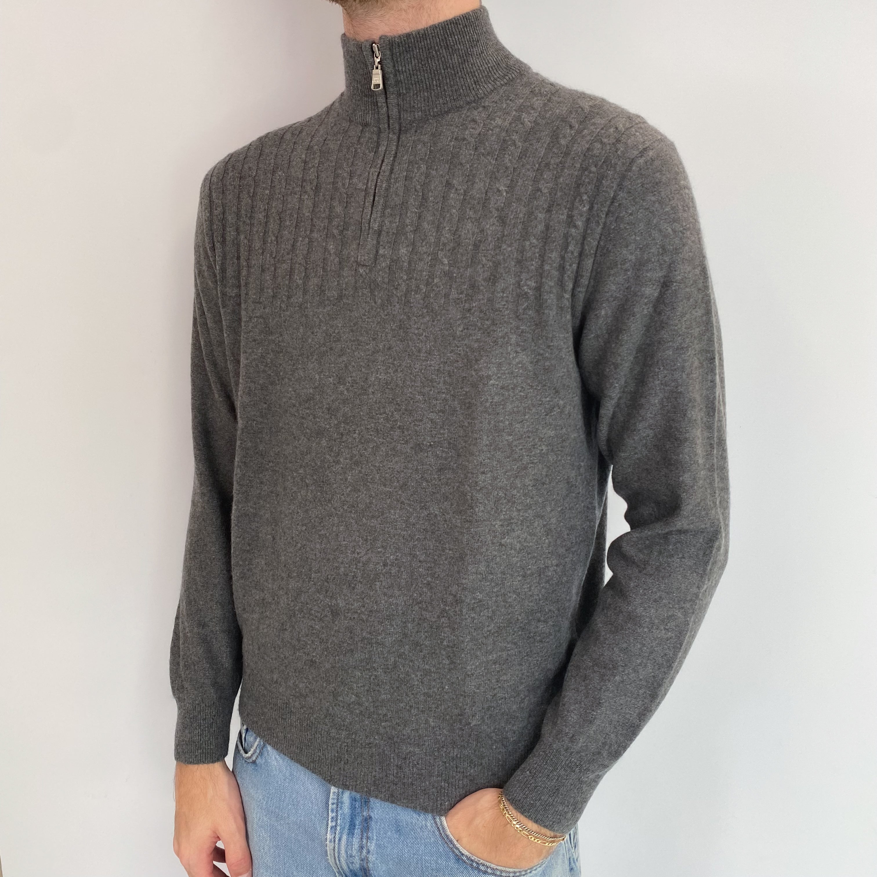 Men's Slate Grey Cashmere 1/4 Zip Jumper Medium