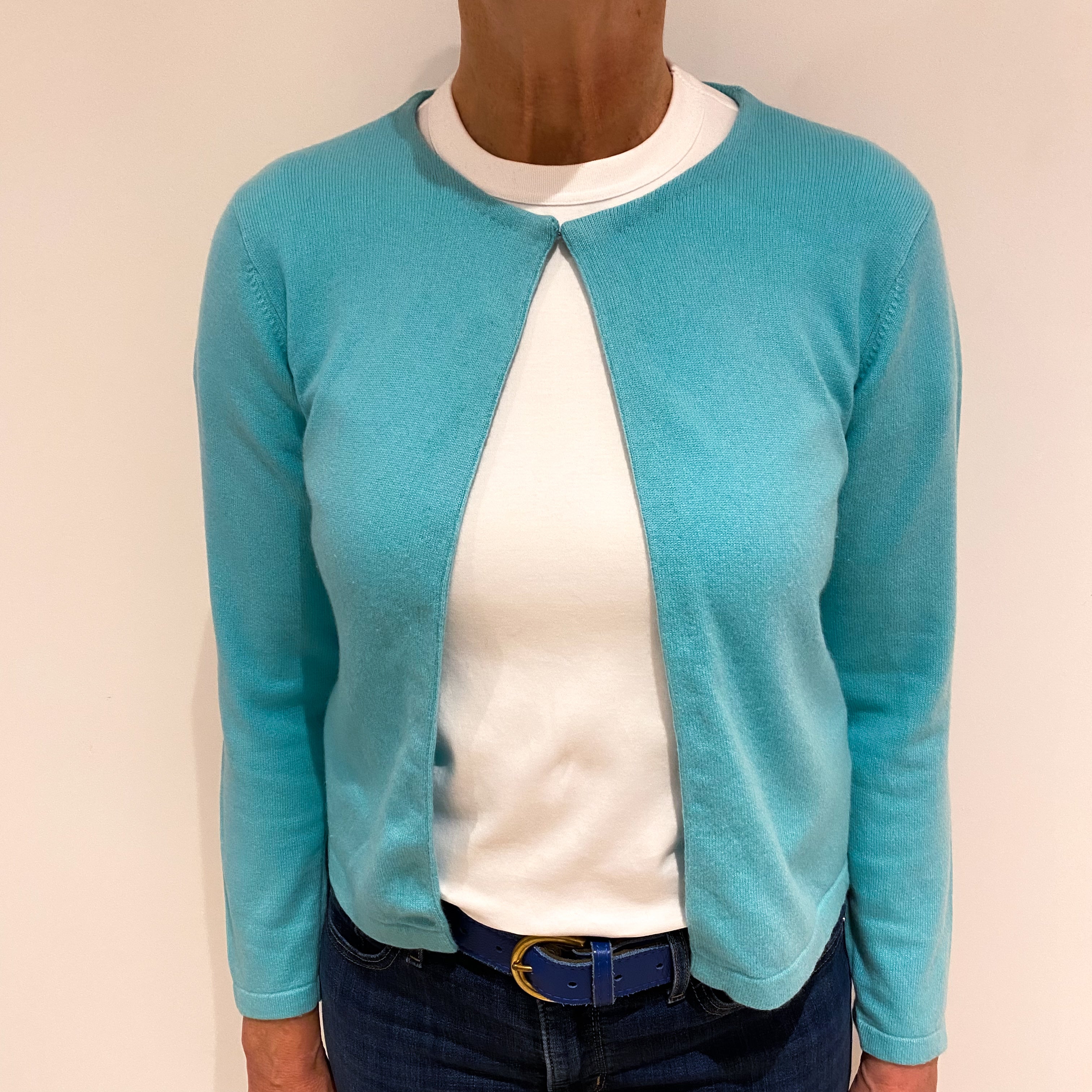 Pale Aqua Blue Cashmere Edge to Edge Cardigan Medium