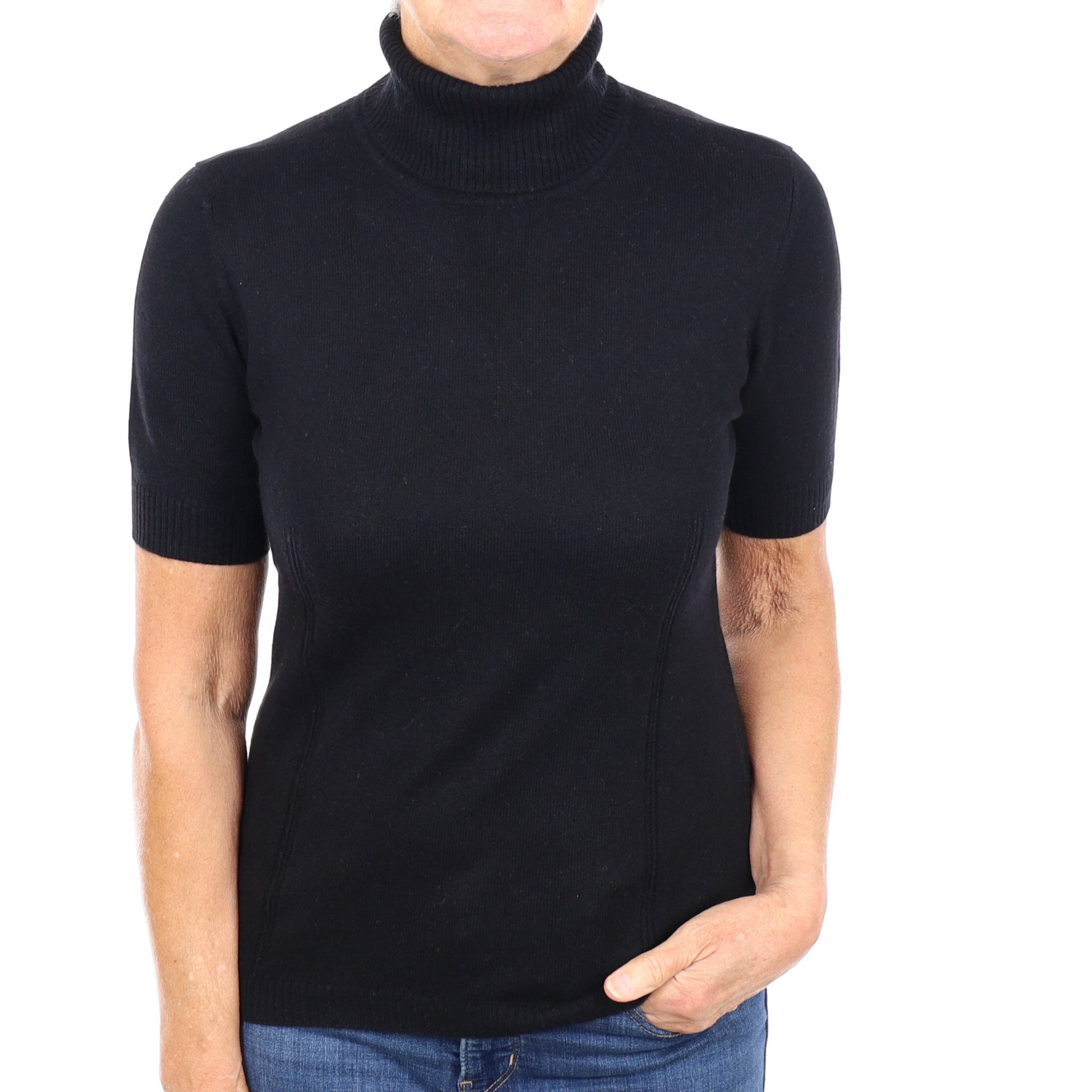 Black Cashmere Short Sleeved Polo Neck Jumper Medium