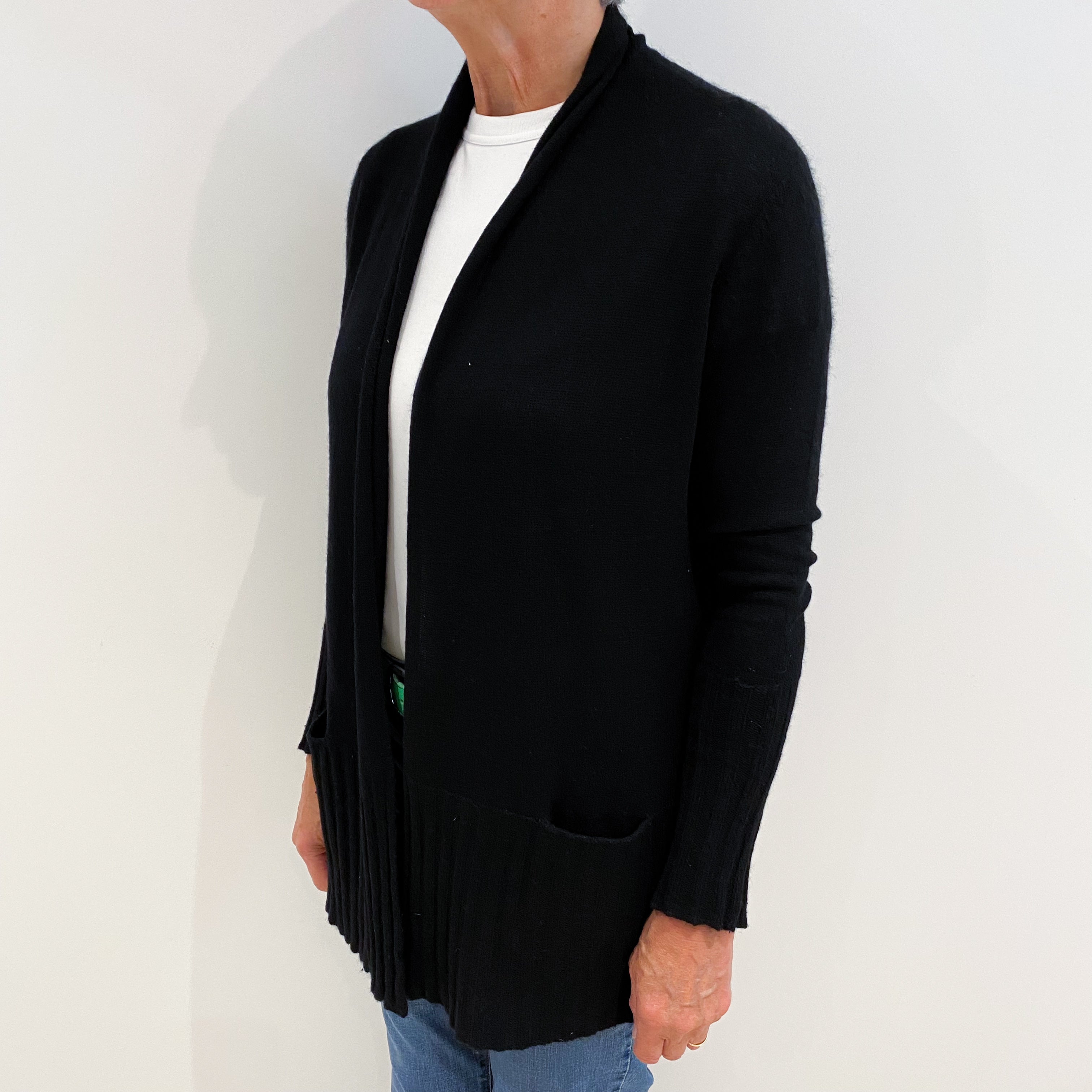 Black Lightweight Cashmere Edge To Edge Cardigan Medium
