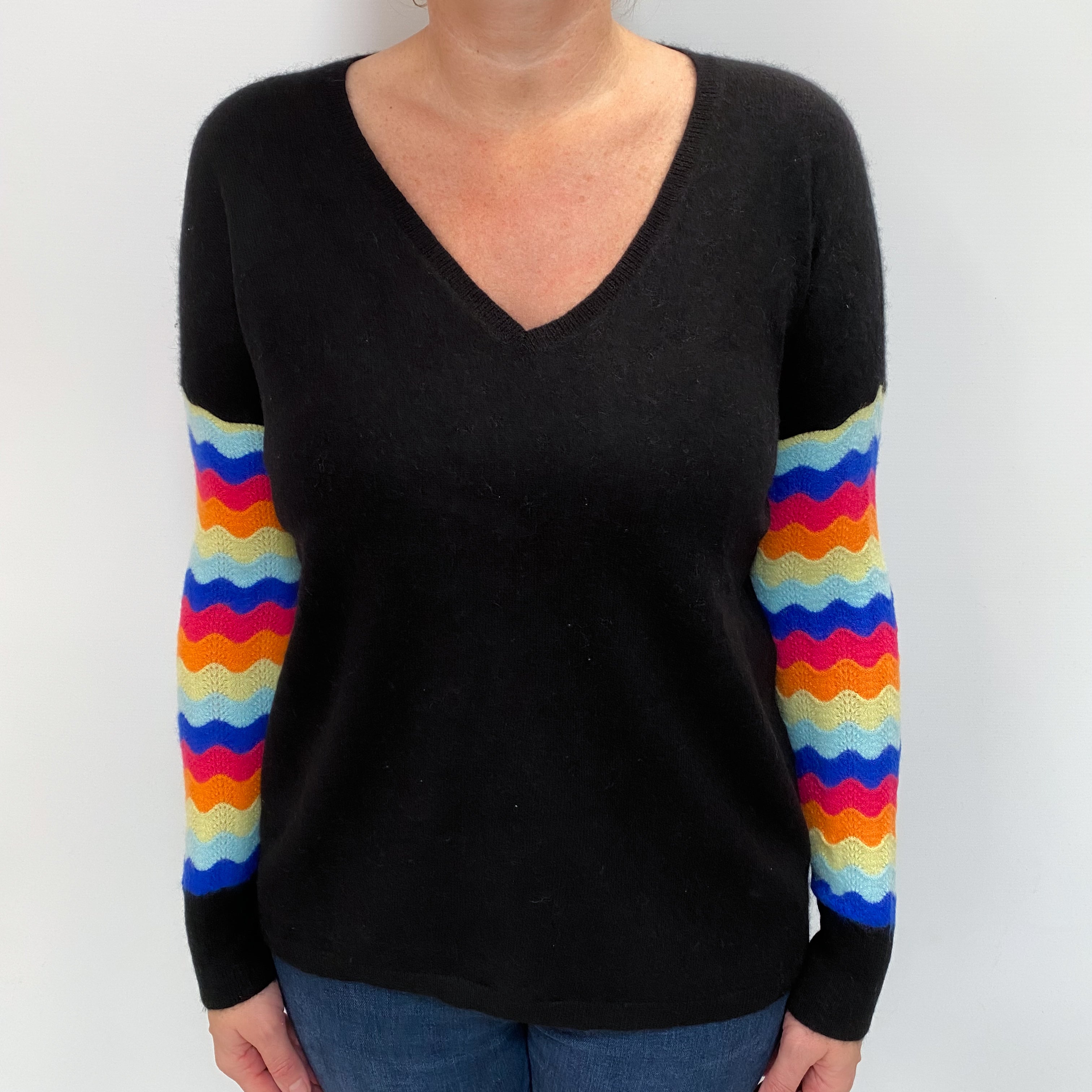 Black Colourful Sleeve Cashmere V Neck Jumper Large
