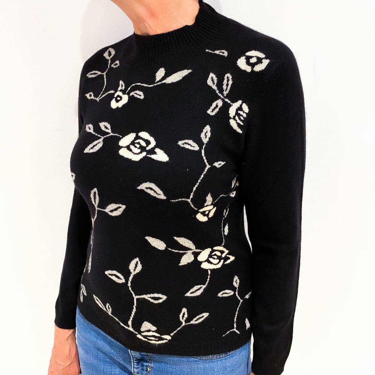 Black Cashmere Floral Turtle Neck Jumper Medium