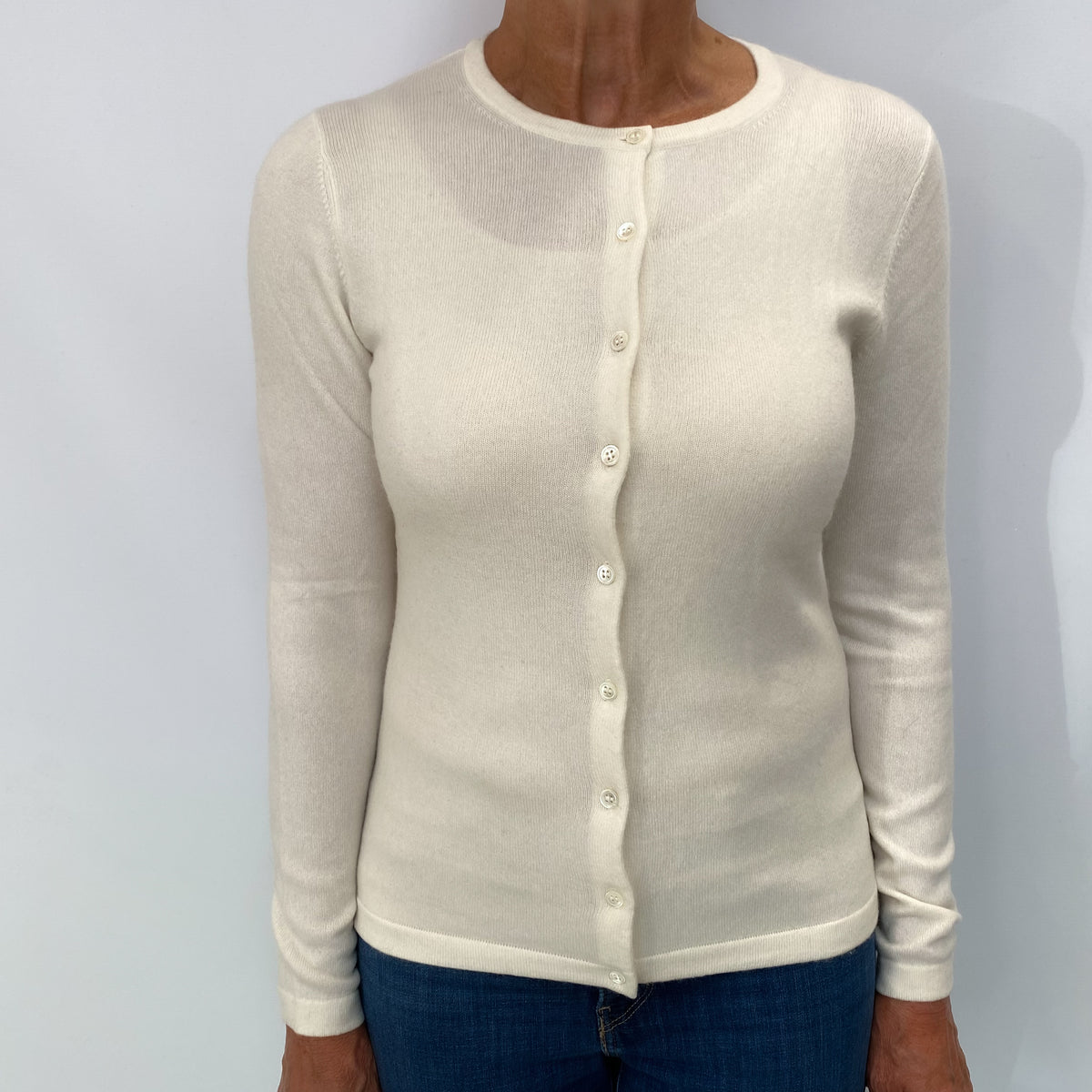 Ivory Cream Cashmere Crew Neck Cardigan Medium