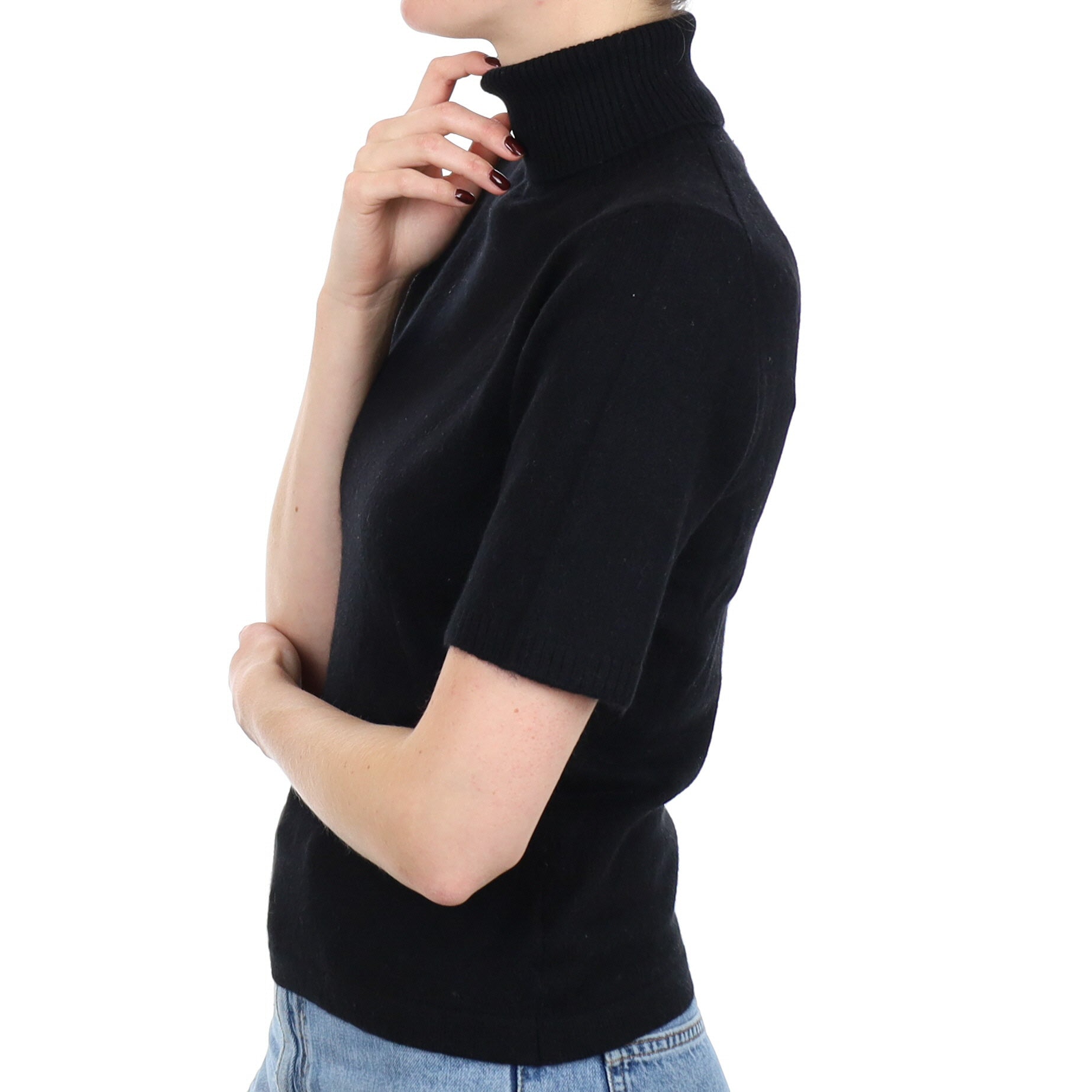 Black Cashmere Short Sleeve Polo Neck Jumper Small