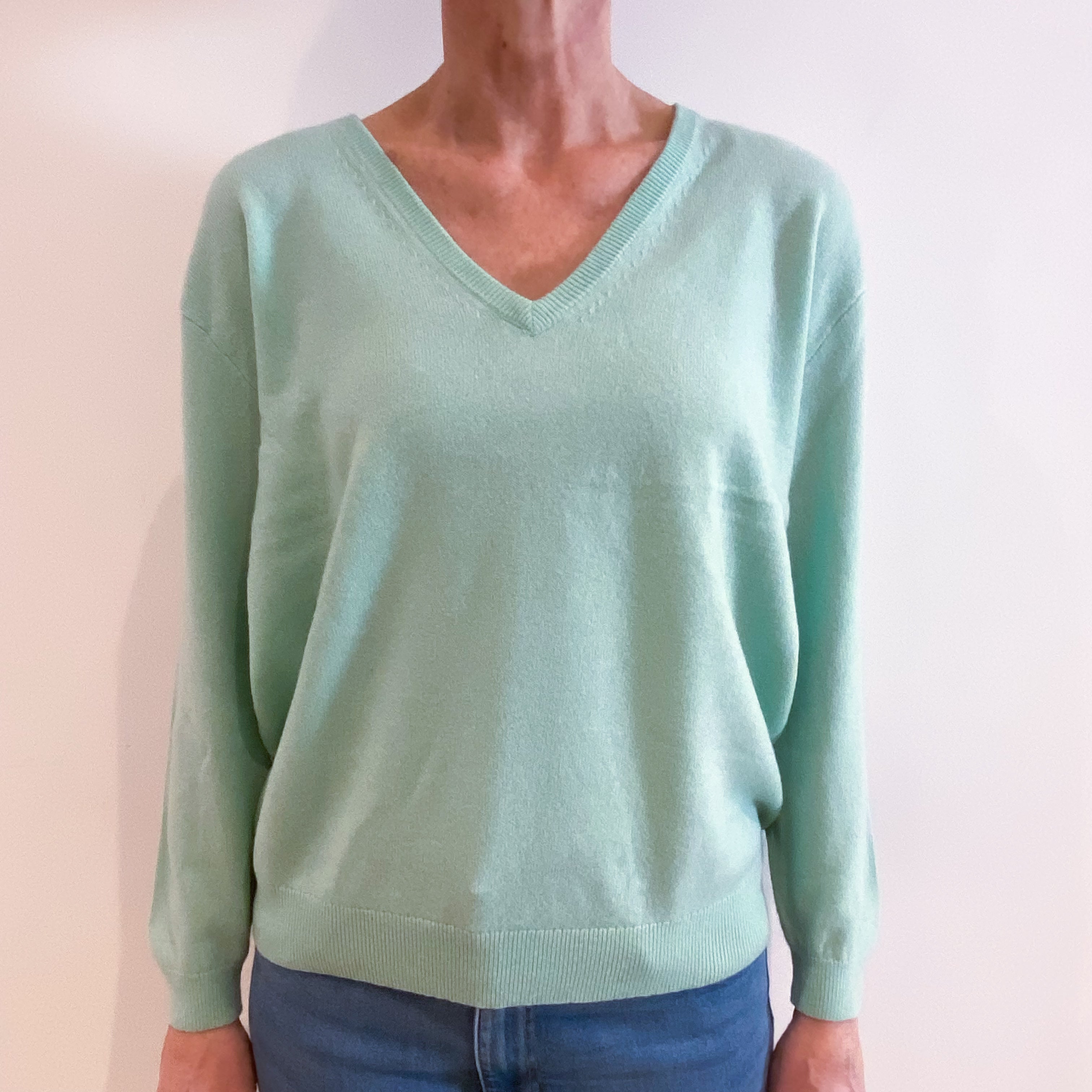 Deep Mint Green Cashmere V Neck Jumper Small