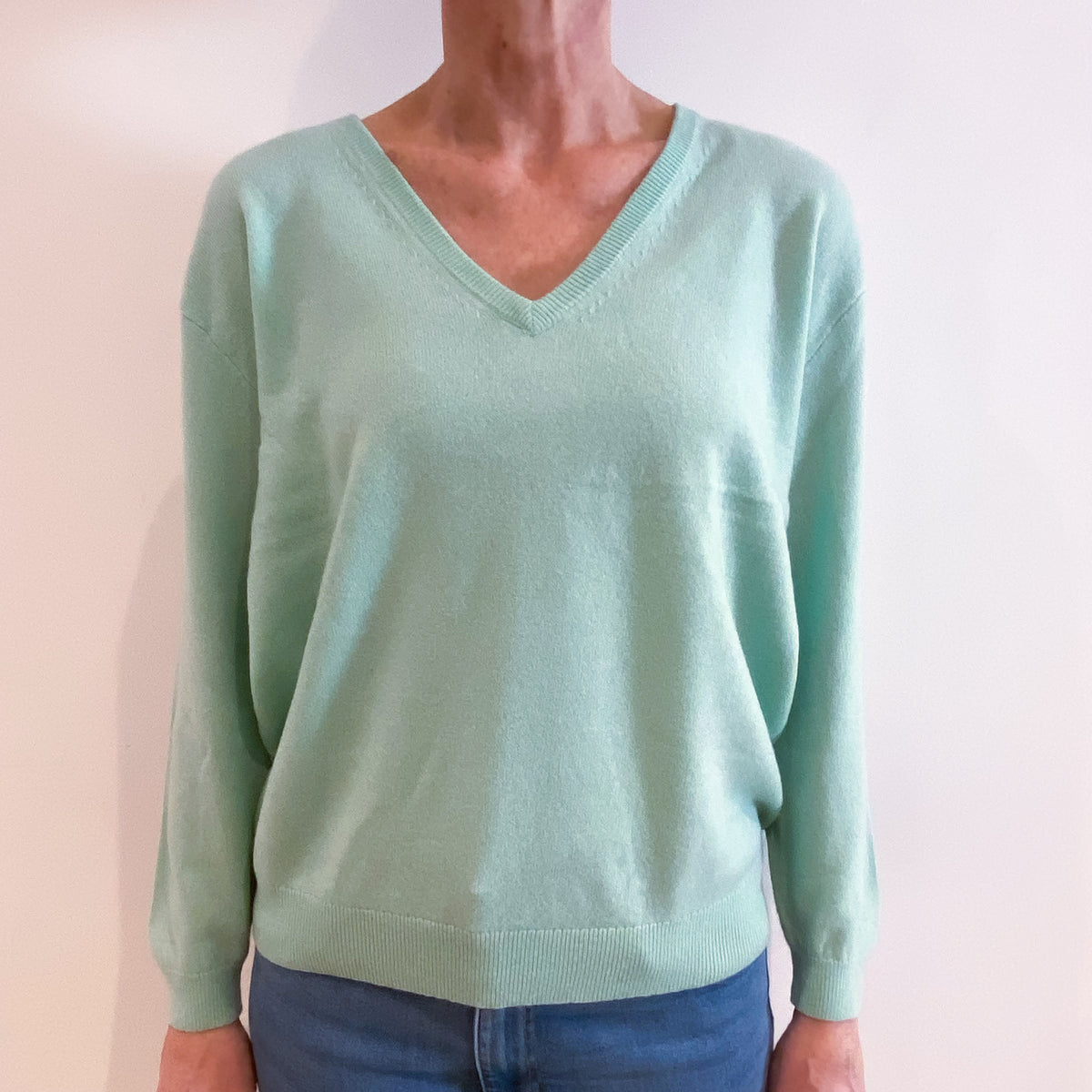 Deep Mint Green Cashmere V Neck Jumper Small