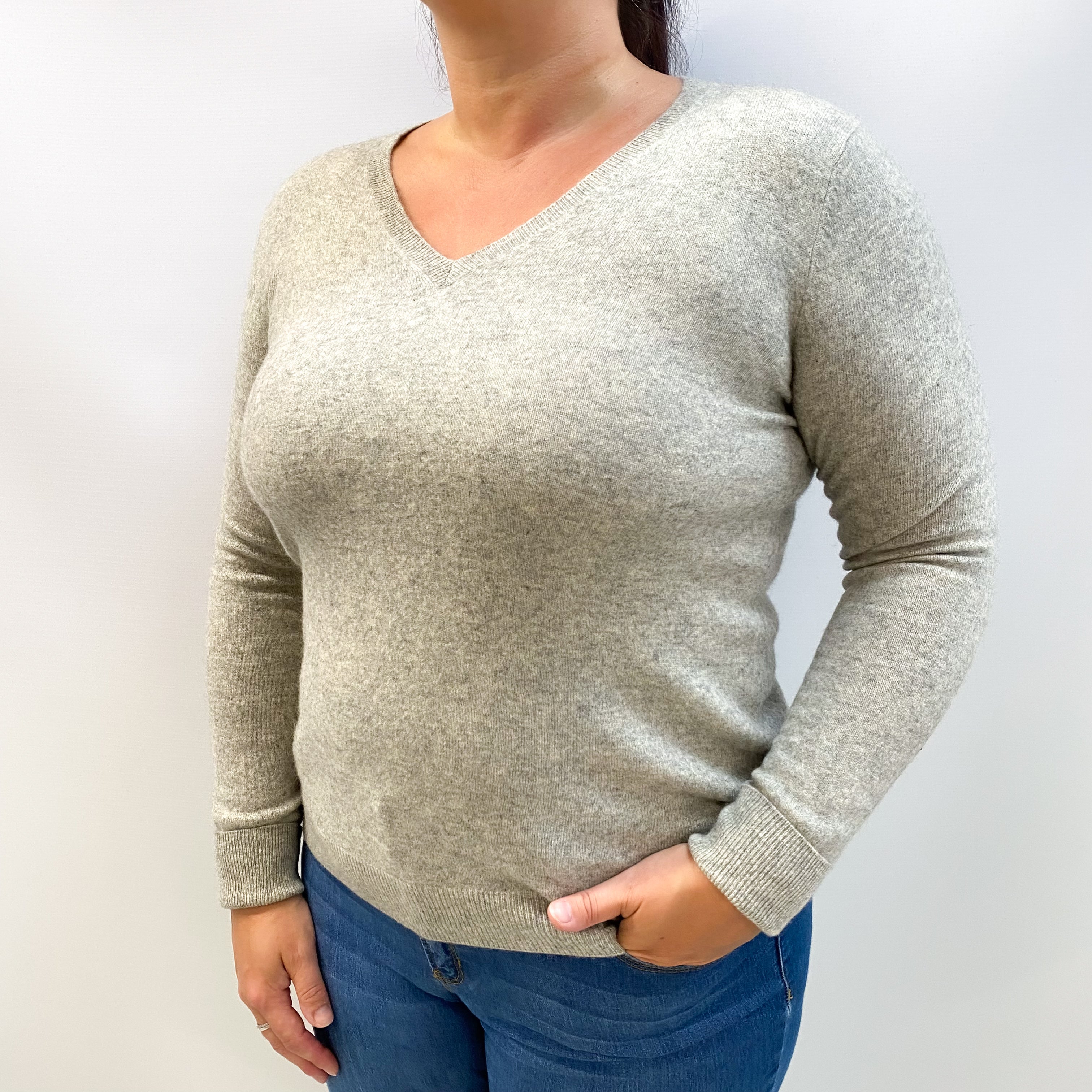 Smoke Grey Cashmere V Neck Jumper Large