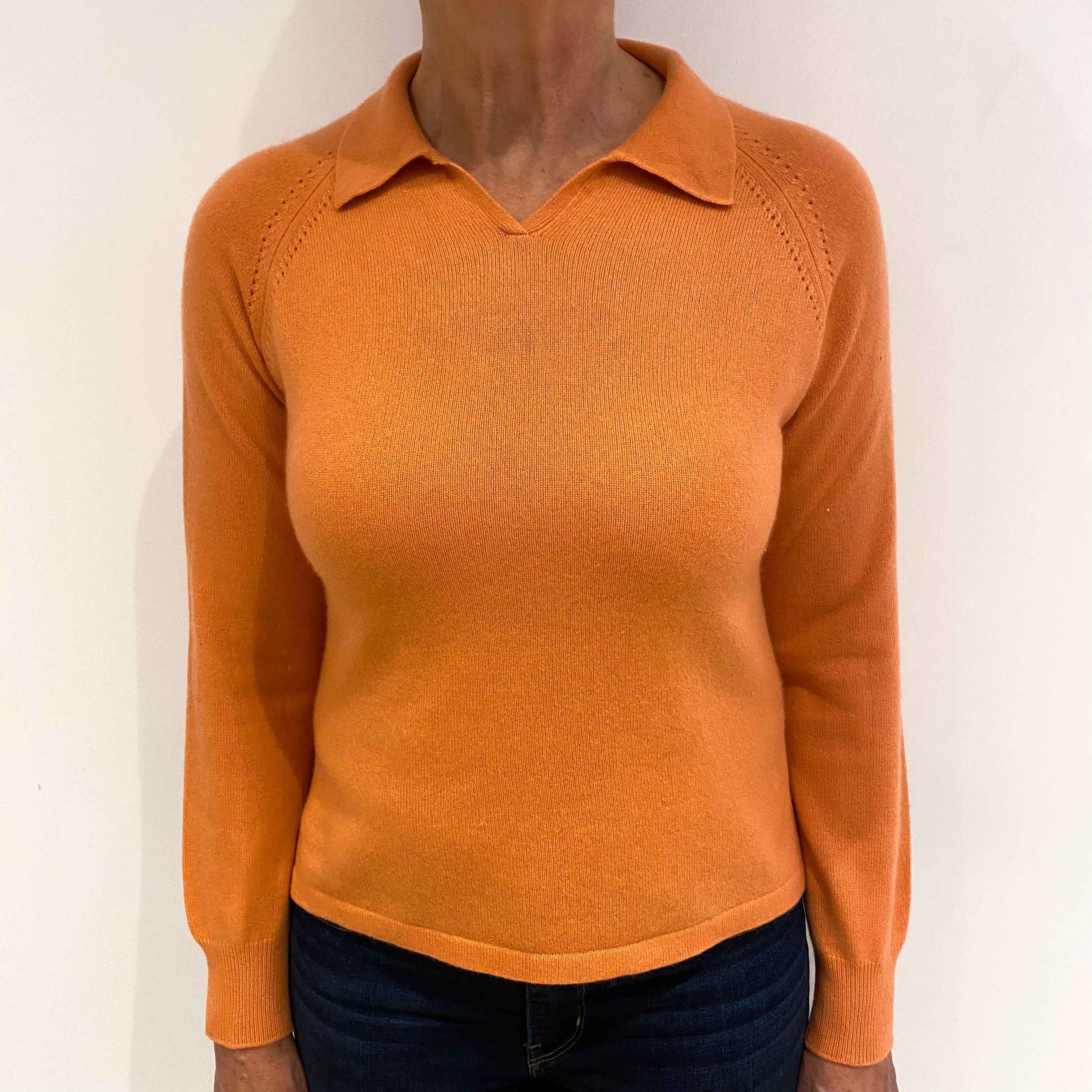 Sunrise Orange Cashmere Collared V Neck Jumper Medium