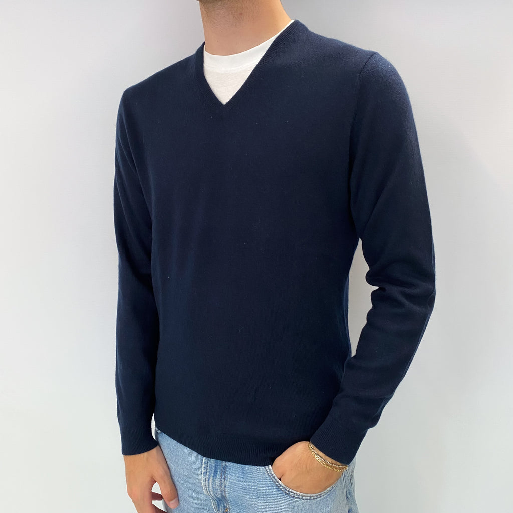 Men's Navy Blue Cashmere V Neck Jumper Medium