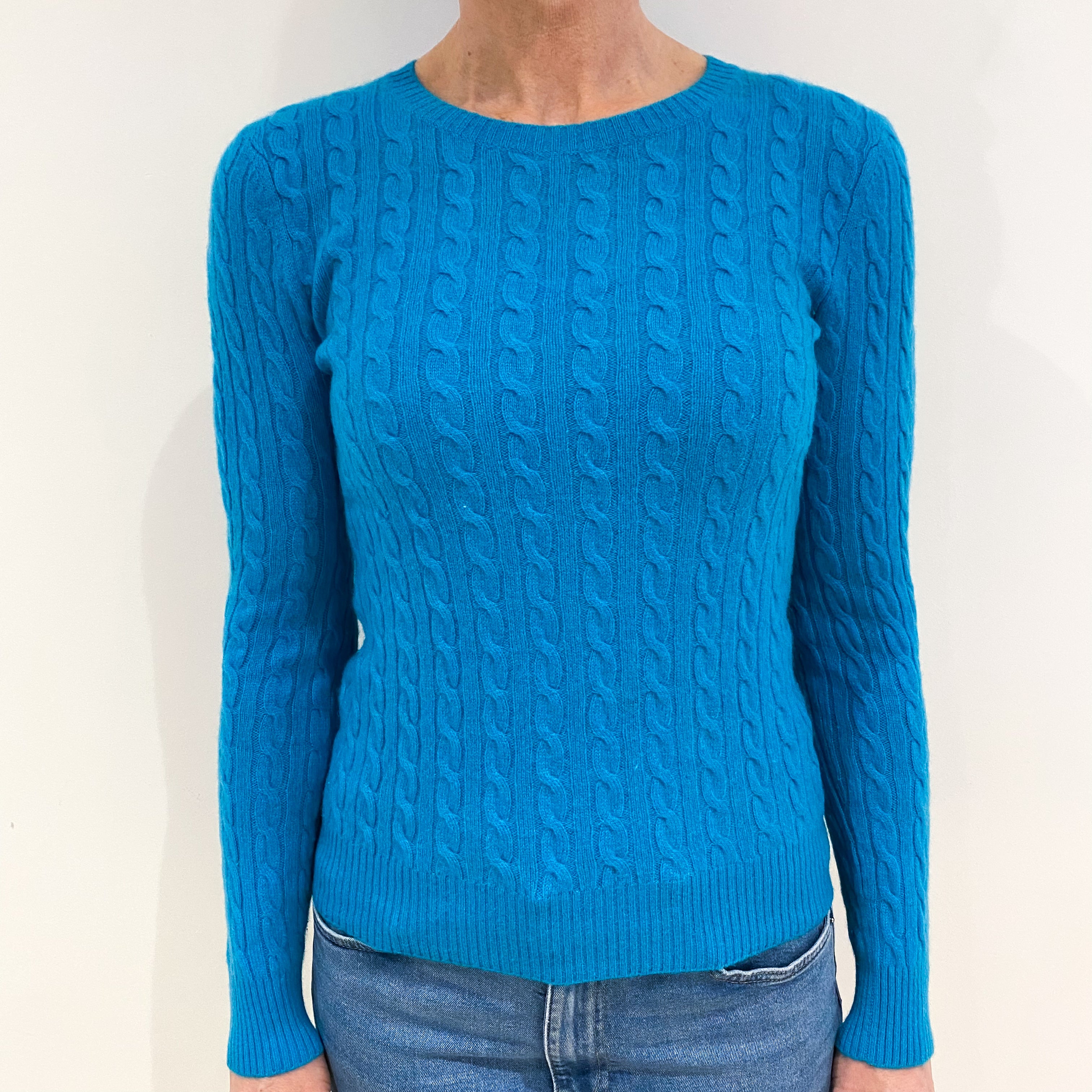Turquoise Blue Cable Cashmere Crew Neck Jumper Small