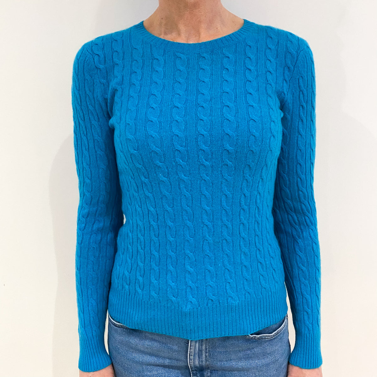 Turquoise Blue Cable Cashmere Crew Neck Jumper Small