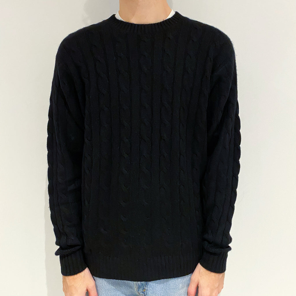 Men's Black Chunky Cable Cashmere Crew Neck Jumper Large