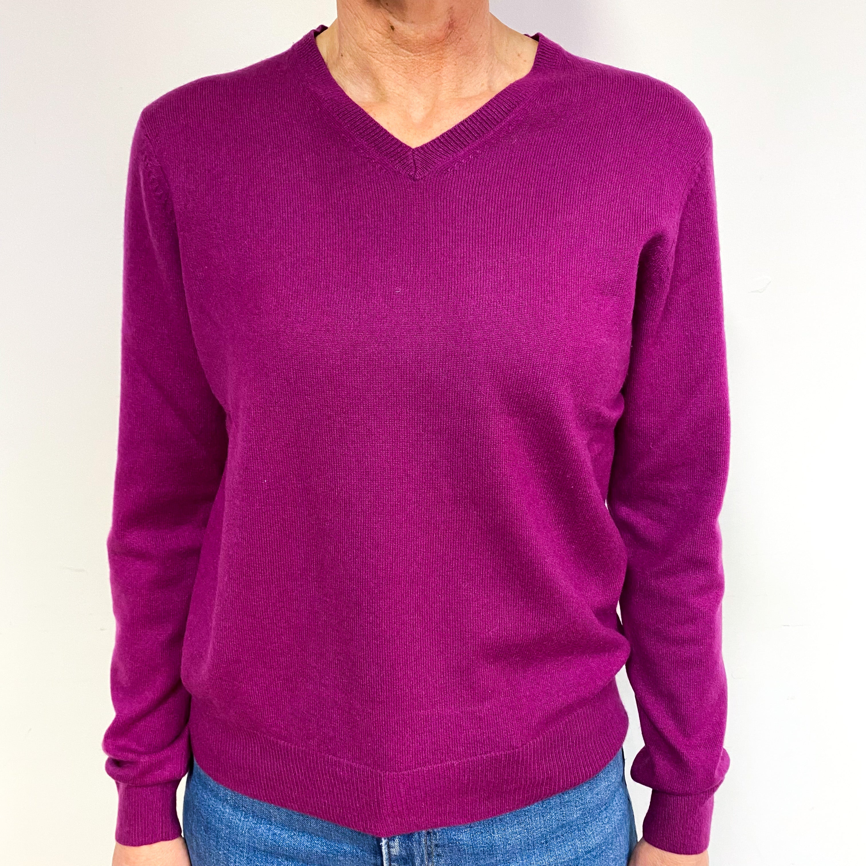 Magenta Pink Cashmere V-Neck Jumper Medium