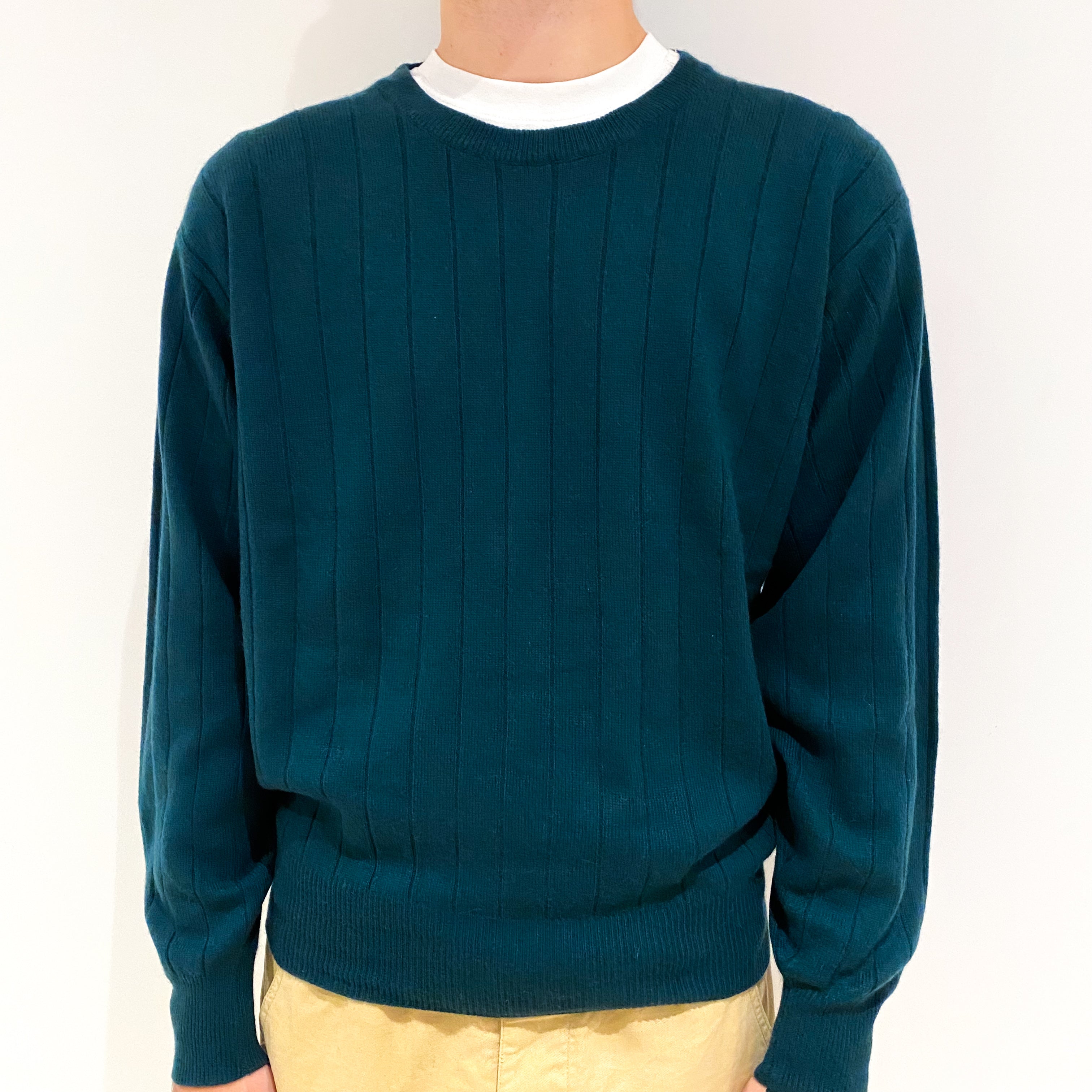 Men's Vintage Bottle Green Cashmere Crew Neck Jumper Large